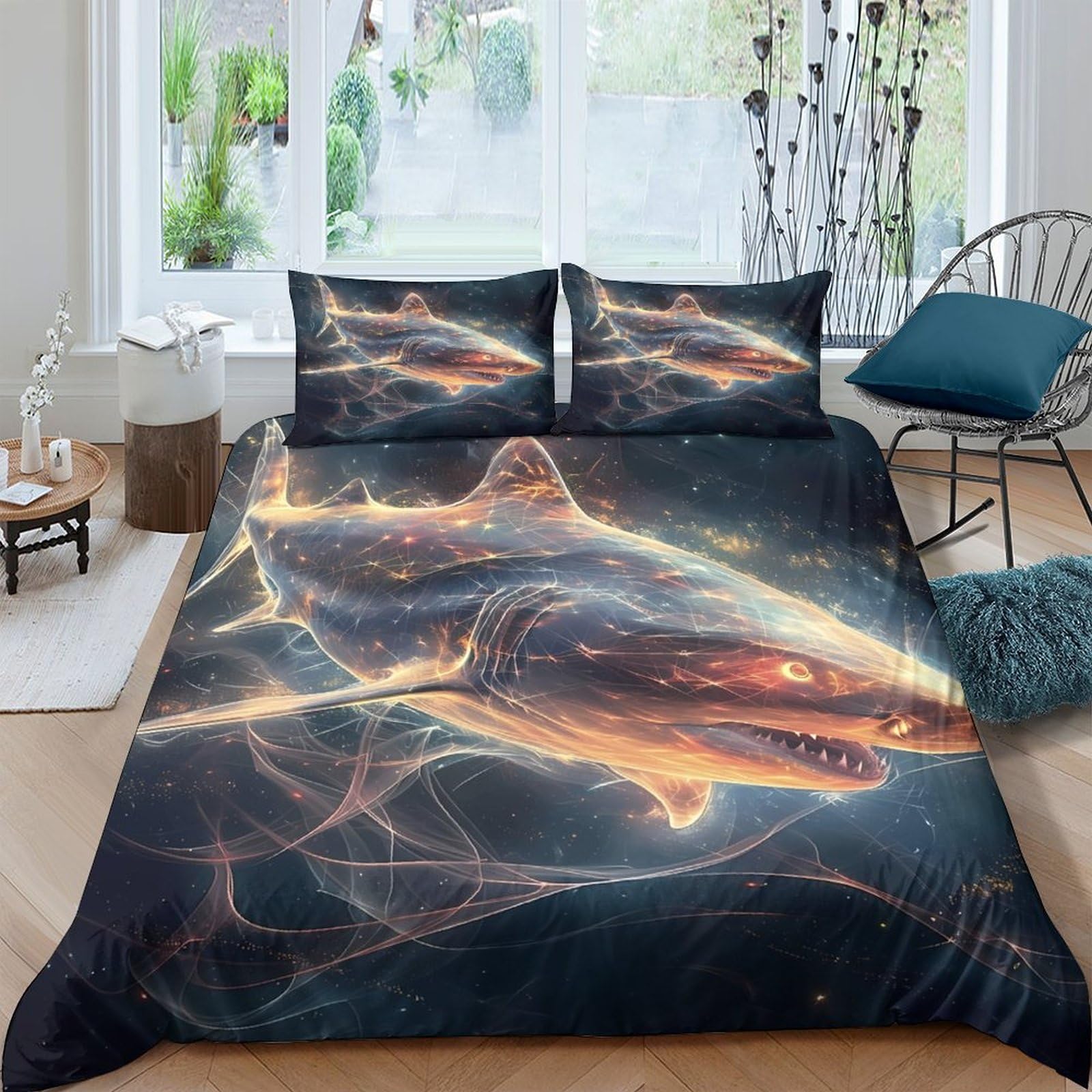 Ctjqhvkz Style-2 3D Printed Shark Ocean Fitted Sheet Microfiber Anti-Slip Machine Washable Lightning Wave Mattress Cover Bedroom Decor Single（135X200cm）