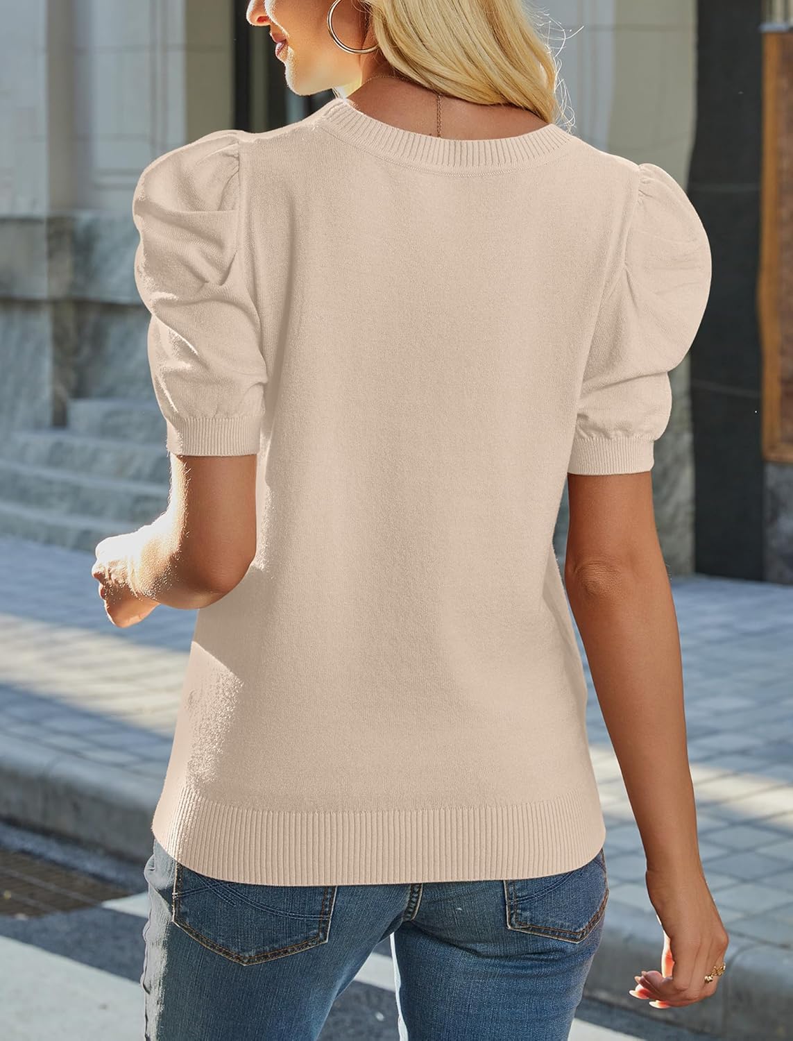 SAMPEEL Short Puff Sleeve Sweaters for Women Knit Tops 2026 Trendy Crewneck Striped T Shirts Casual Summer Blouses - Image 5