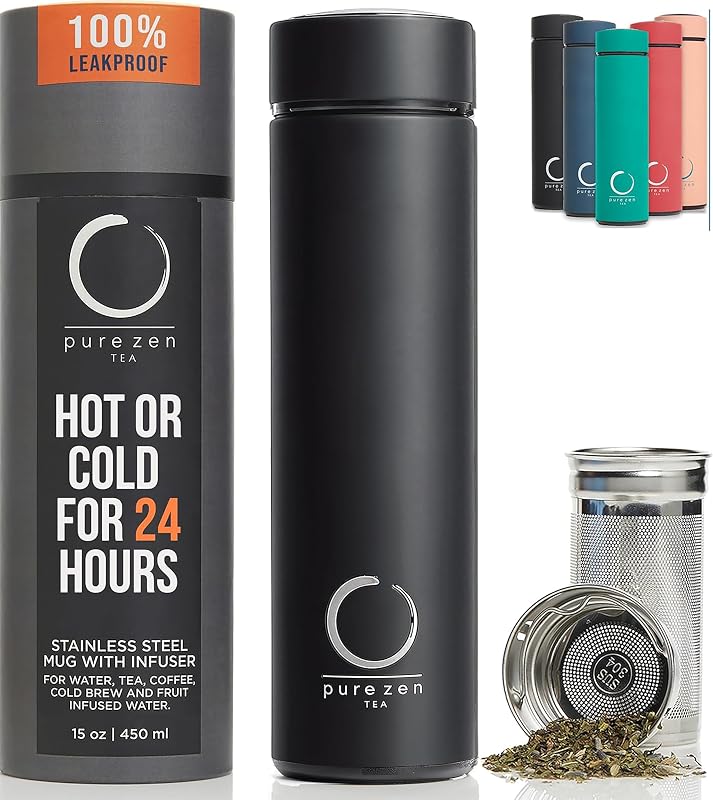 Botella infusora de té con aislamiento Pure Zen Tea, 15 oz, termo de té con infusor | A prueba de fugas, frío y caliente las 24 horas, para té, café y agua, acero inoxidable, set de regalo de té, vaso de té con infusor, negro