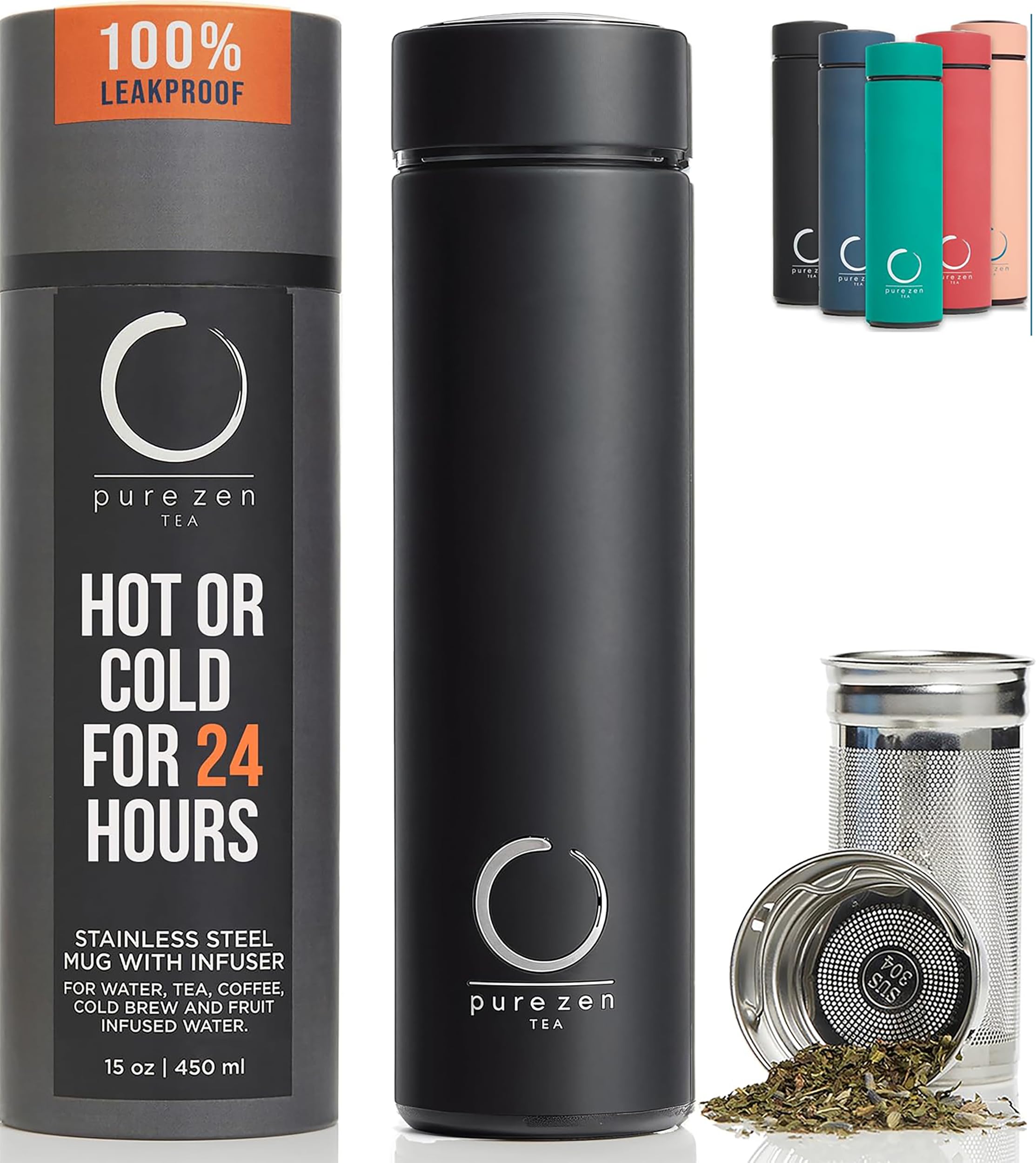Pure Zen Tea Thermos with Infuser for Hot and Cold Infusions, Coffee and Fruit-Infused Water - Stainless Steel - Tea Infuser Bottle - Leakproof Travel Mug with Filter - 15oz - Black