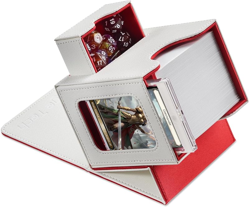 Mage Tech Caja de Mazos Commander para MTG - Diseño Patentado, Exhibición de Commander, Apta para 100 Cartas con Doble Funda, Soporte Magnético de Cartas de 35pt & Bandeja para Dados - blanco/rojo