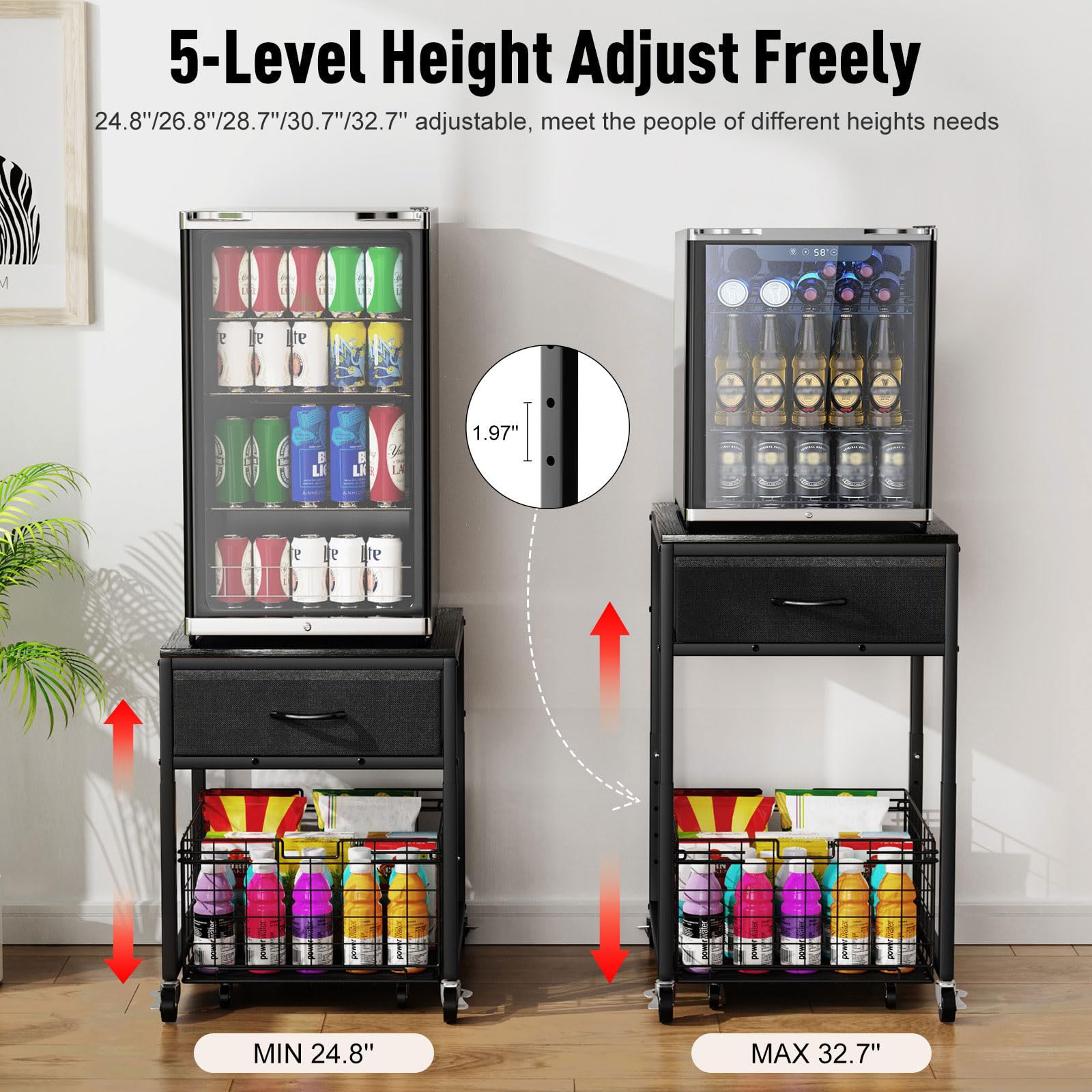 Housolution Soporte para Mini Nevera con Almacenamiento, Estante para Mini Nevera Regulable en Altura con Ruedas, Organizador Portátil para Nevera con Cajón para Hogar, Oficina, Negro