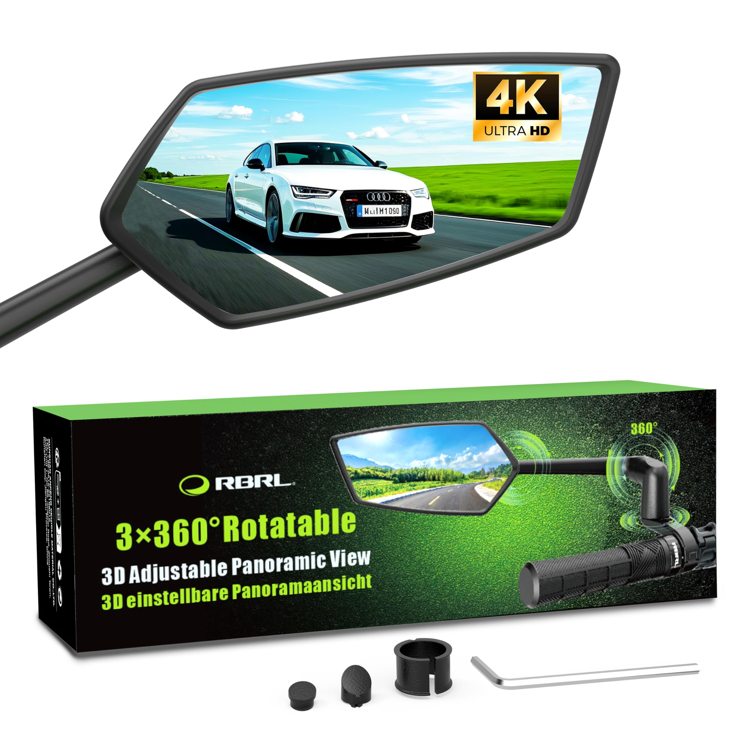 RBRL Bike Mirror, 360 ° Adjustable Safety Rearview Bicycle Mirror, High-definition Wide-angle Large Handlebar Rear View Mirrors, Suitable for Ebike Mountain Road bikes(Right)