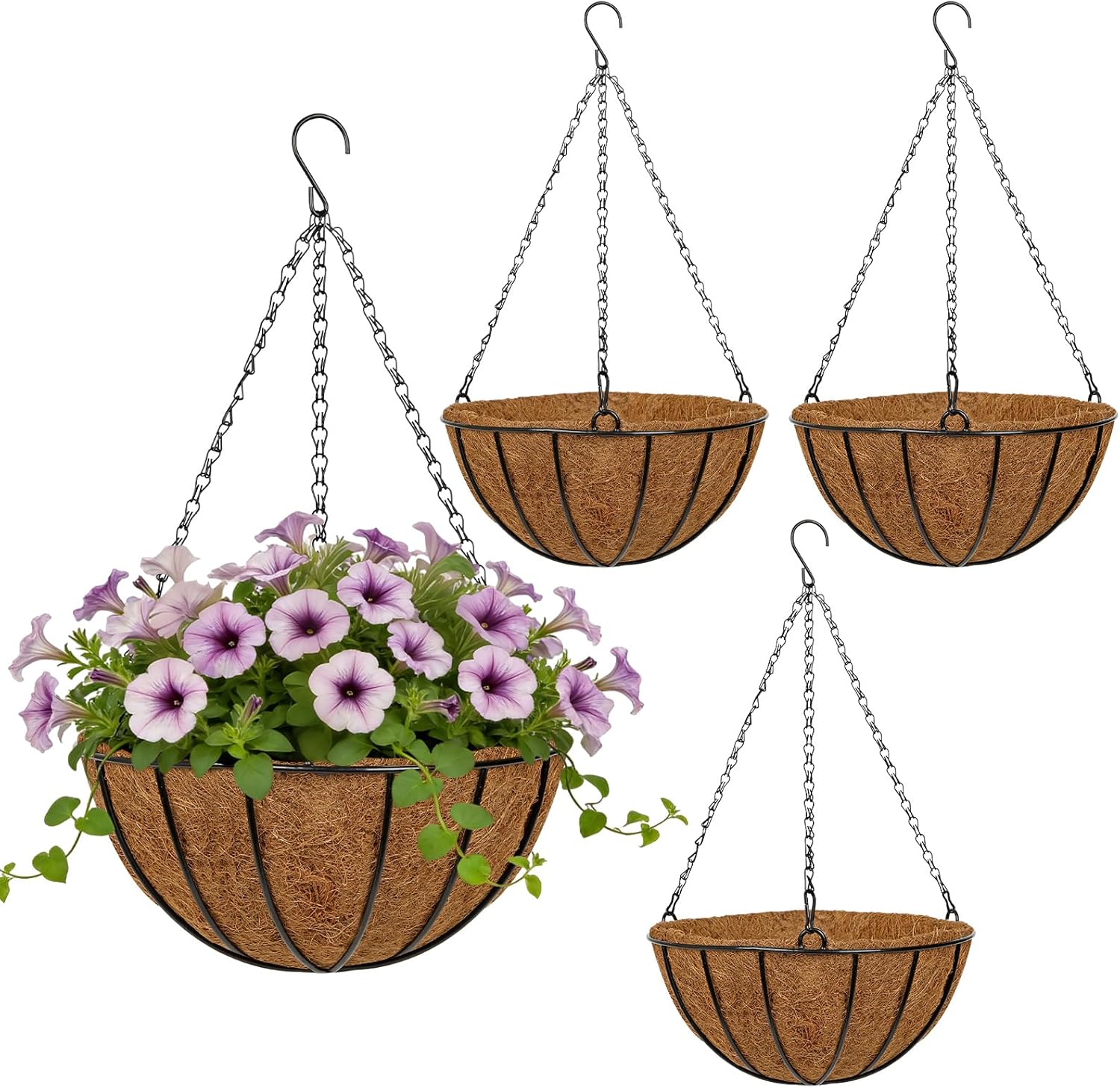 12 Inch Metal Hanging Basket with Coco Coir Liner for Flowers Planting, 4 Pack Hanging Baskets for Plants Outdoor, Round Wire Planters with Chain for Home Patio Porch Balcony Garden Decor