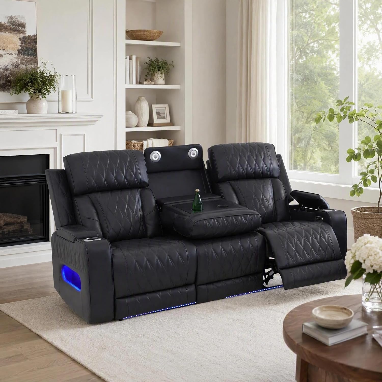The Blackish Gray Breathable Leather & PVC Intelligent Recliner Living Room Sofa Set with Cup Holders/Storage Bucket/Bluetooth Speaker Box/Wireless Charing/Reading Lamp/LED Light, Sofa