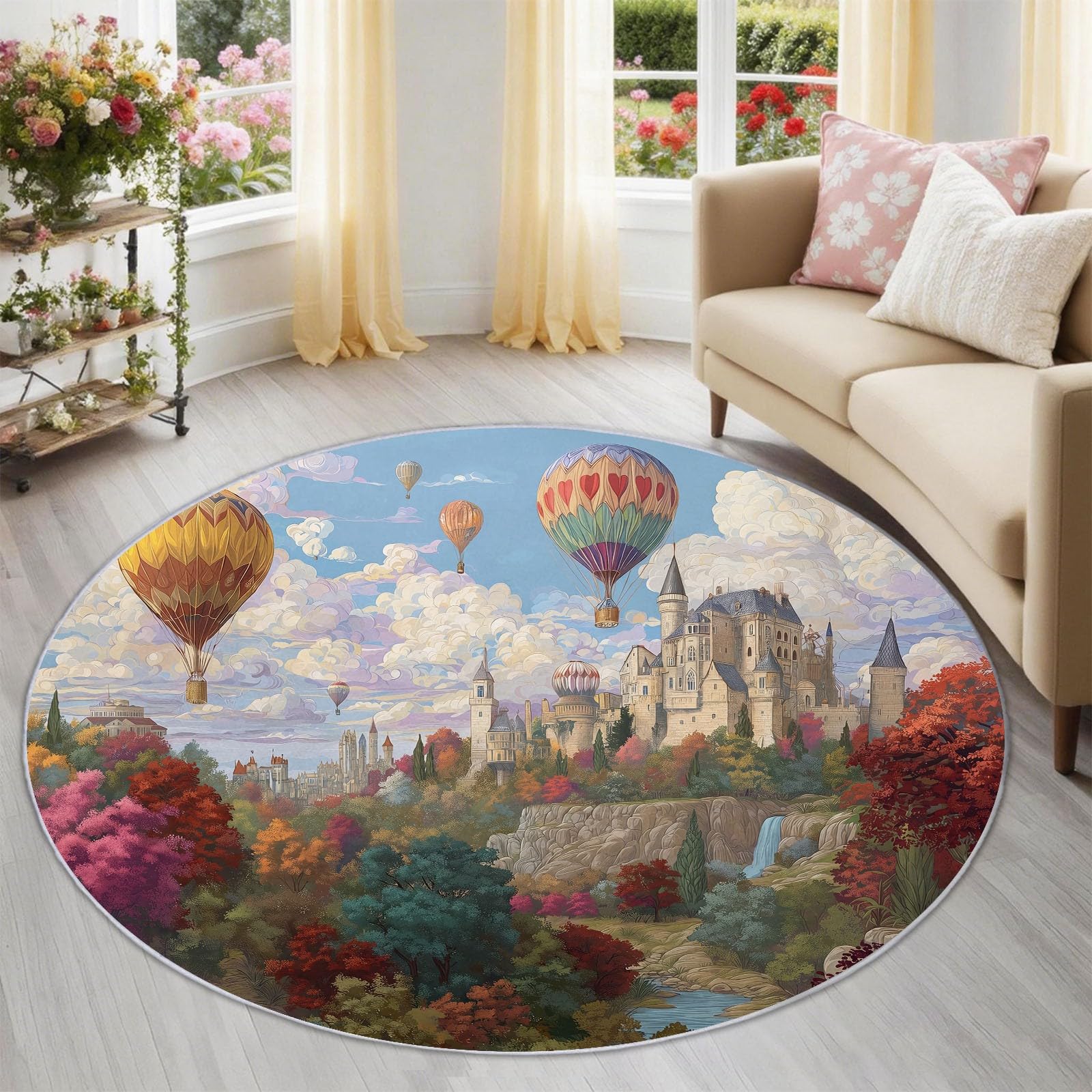 Alfombra redonda lavable Fantasy Fairy de pelo corto con estampado multicolor de gran resistencia
