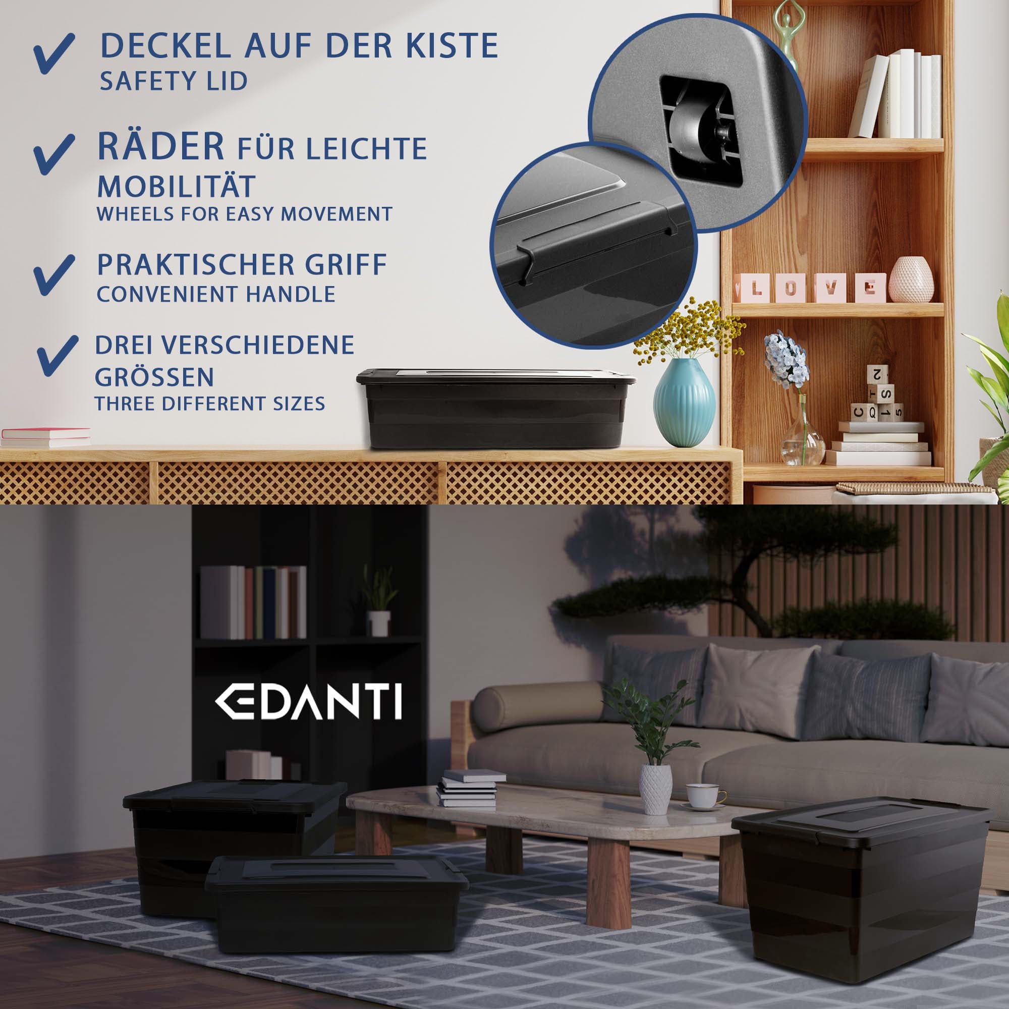 3x Aufbewahrungsbox Mit Deckel Mit Rollen 3er-Set 28L, 40L, 55L Organizer Kunststoff Behälter Container Mit Rädern Kleiderboxen Box Plastik Schwarz