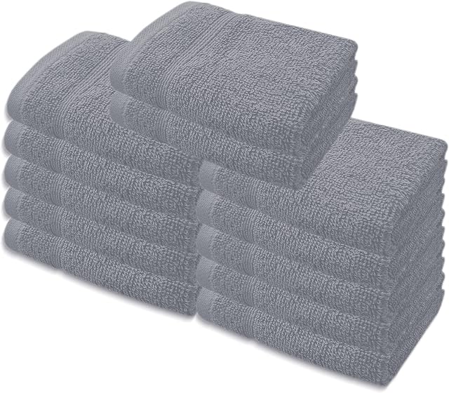 A & B TRADERS Premium Cotton Face Cloths Flannels Washcloth 12-Pack 500 GSM Ring Spun Soft Absorbent 30 x 30cm Towels (Silver)