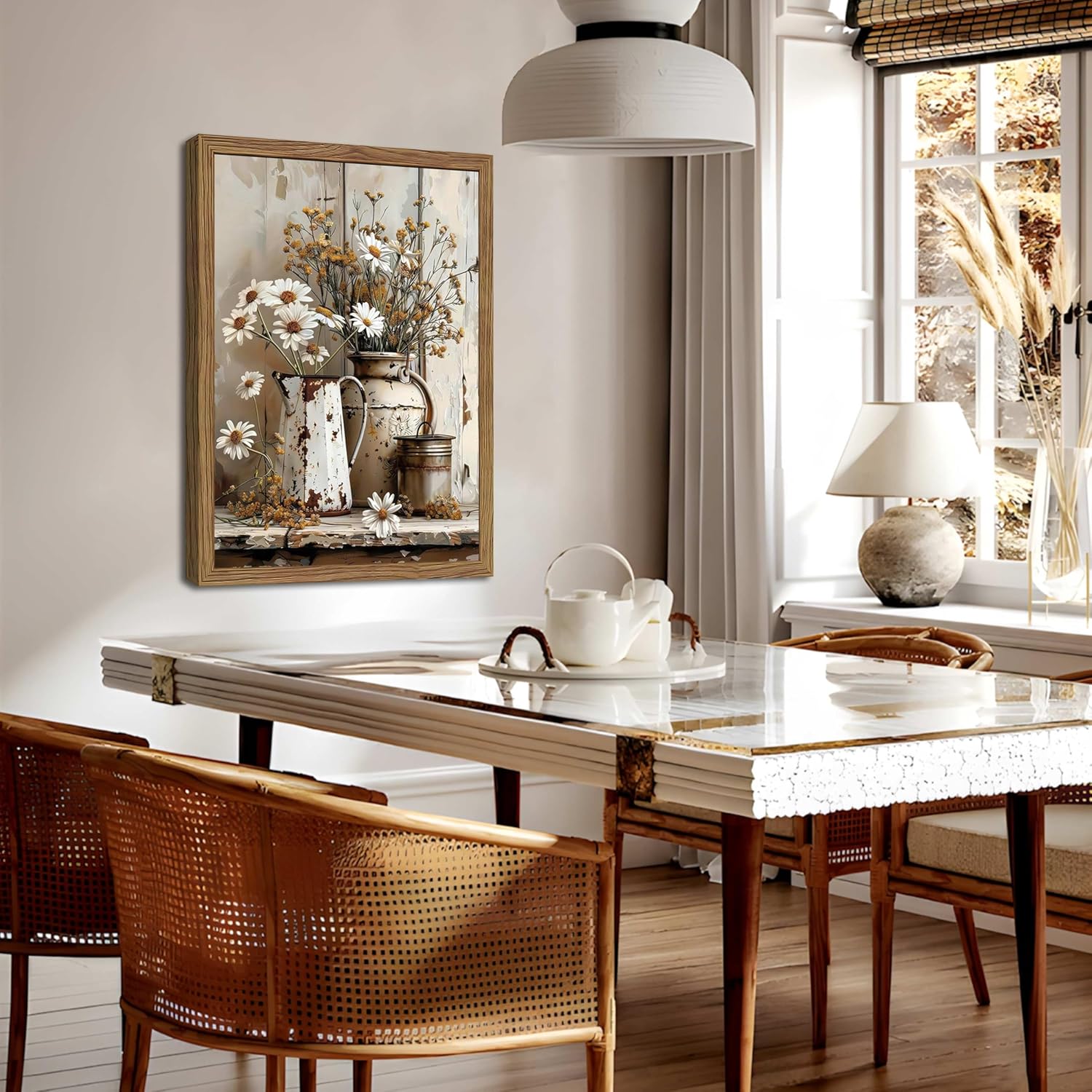 Country Wall Art, Farmhouse Pictures Wall Decor, Rustic Daisy Canvas Prints, Rusty Watering Can Art Paintings, Vintage Floral Artwork for Living Room Hallway Kitchen Bathroom Decor, Framed 16x24 In