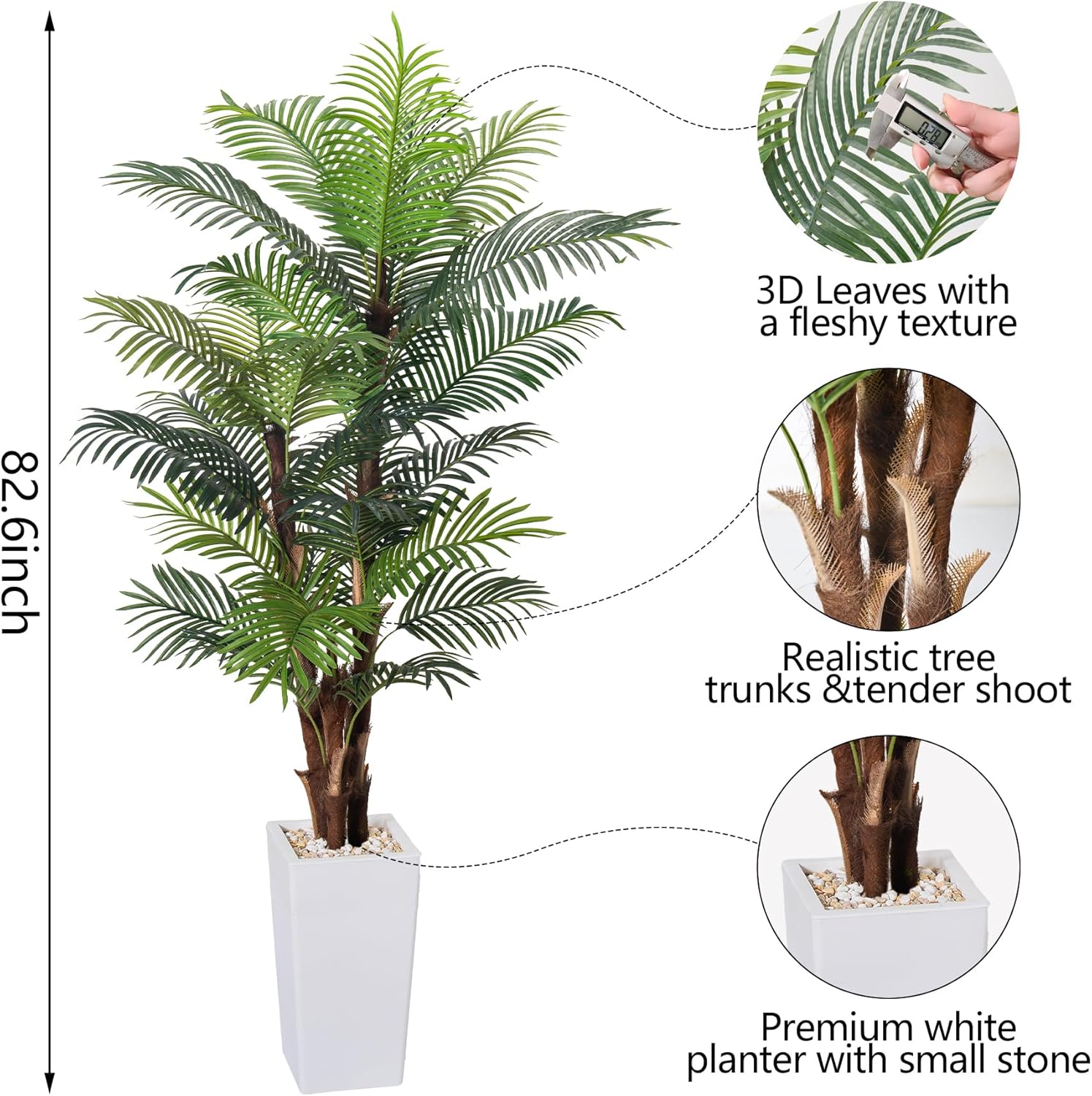 Artificial Palm Tree 7FT, Fake Tree with Realistic Fiber Trunks and White Tall Planter, Faux Tropical Areca Floor Plant in Pot, Artificial Silk Plant for Home Decor Office Decor Indoor - Image 3