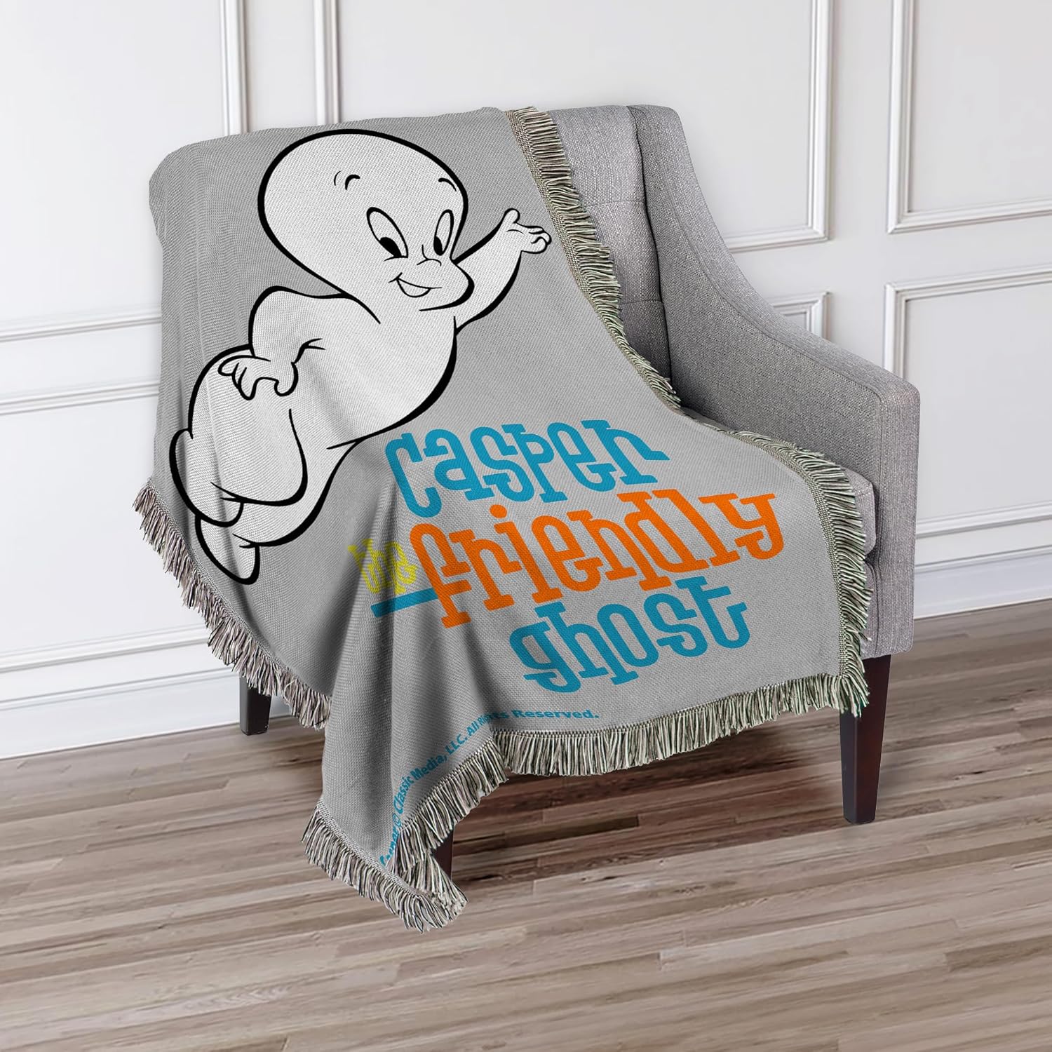 Northwest Universal Casper the Ghost Friendly Flight Tapestry Throw for Bed, Couch, Wall, Halloween Decorations, Spooky Hanging, 48x60 inches