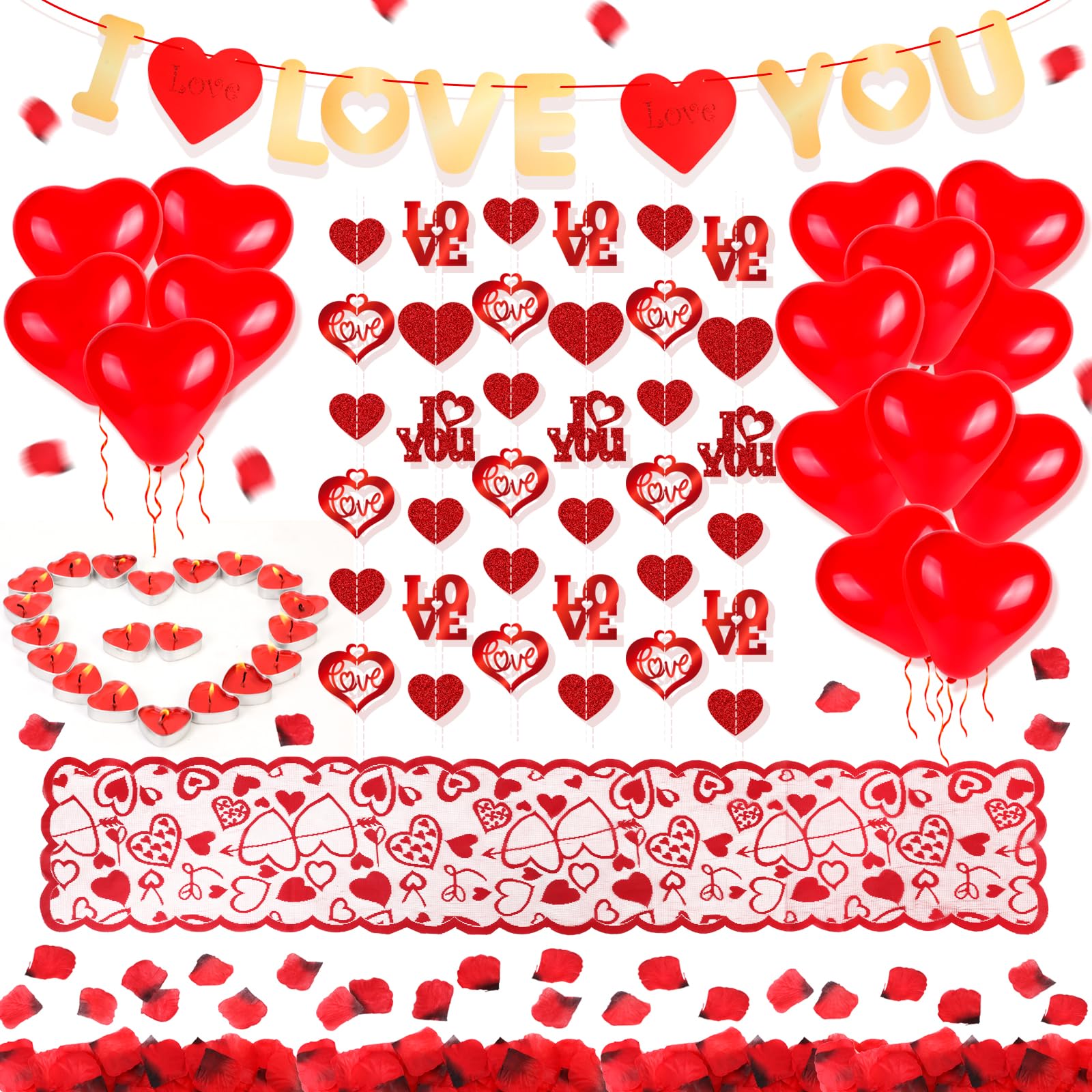 HOWAF Kit Romántico Globos Corazon, Petalos de Rosa Artificiales, Velas Corazon, Guirnalda Corazones Decoracion, Camino de Mesa para Decoracion San Valentin, Aniversario Compromiso Propuesta