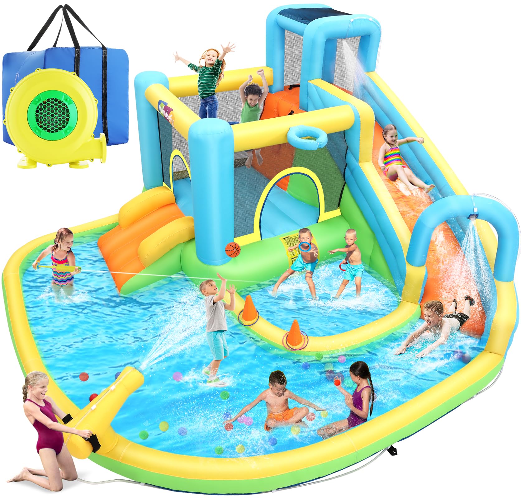 Whubefy Inflatable Water Slide Bounce House for Kids Backyard Blow Up Water Park with Dual Slides & Double Splash Pools, Ring Toss & Water Cannon,