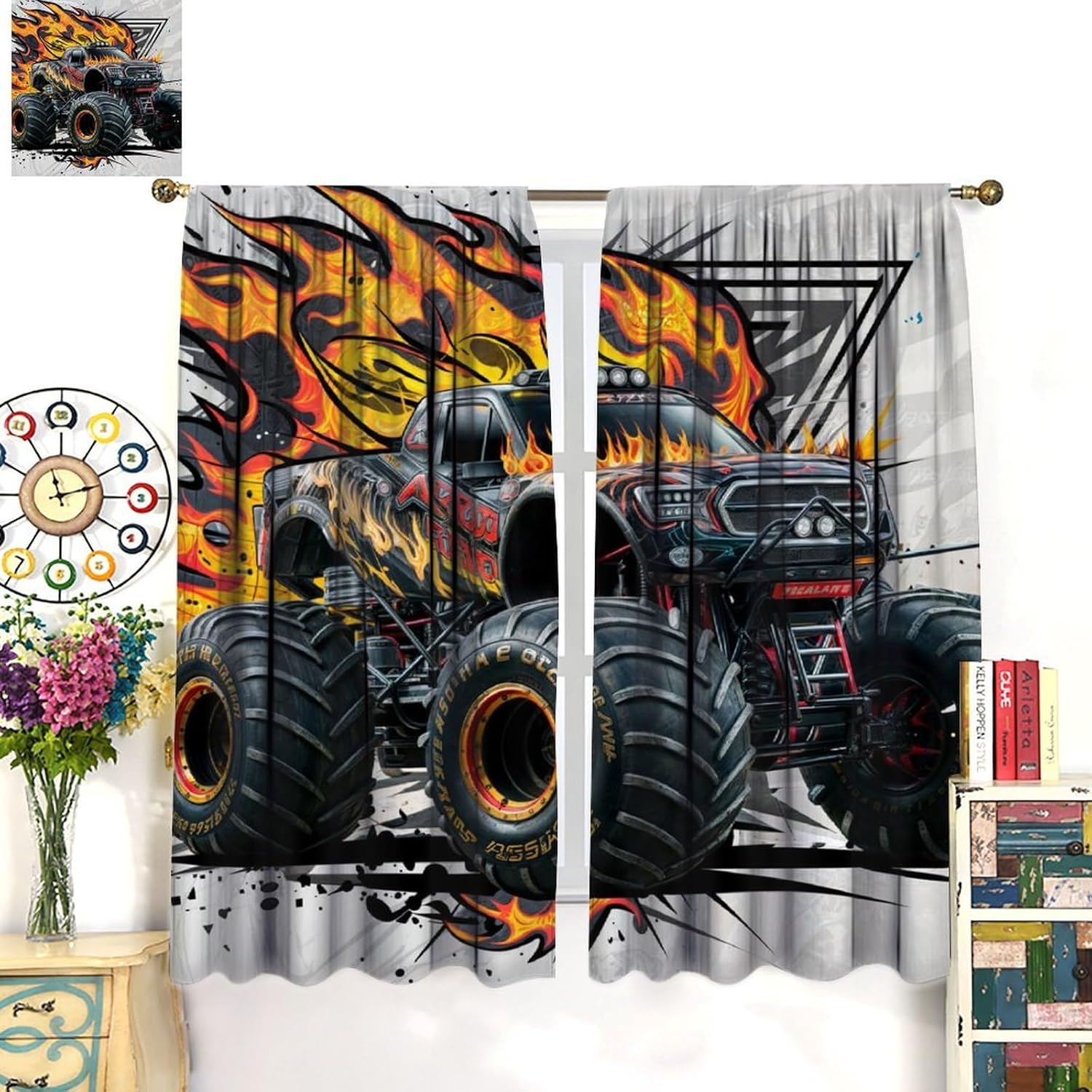 Monster Truck Curtains, Featuring A Flame Pattern Monster Truck Pattern for Kids Boys Girls Room Decor, Print Blackout Drapes for Living Room Bedroom Kitchen 2 Panel Set 21" W X 63" L