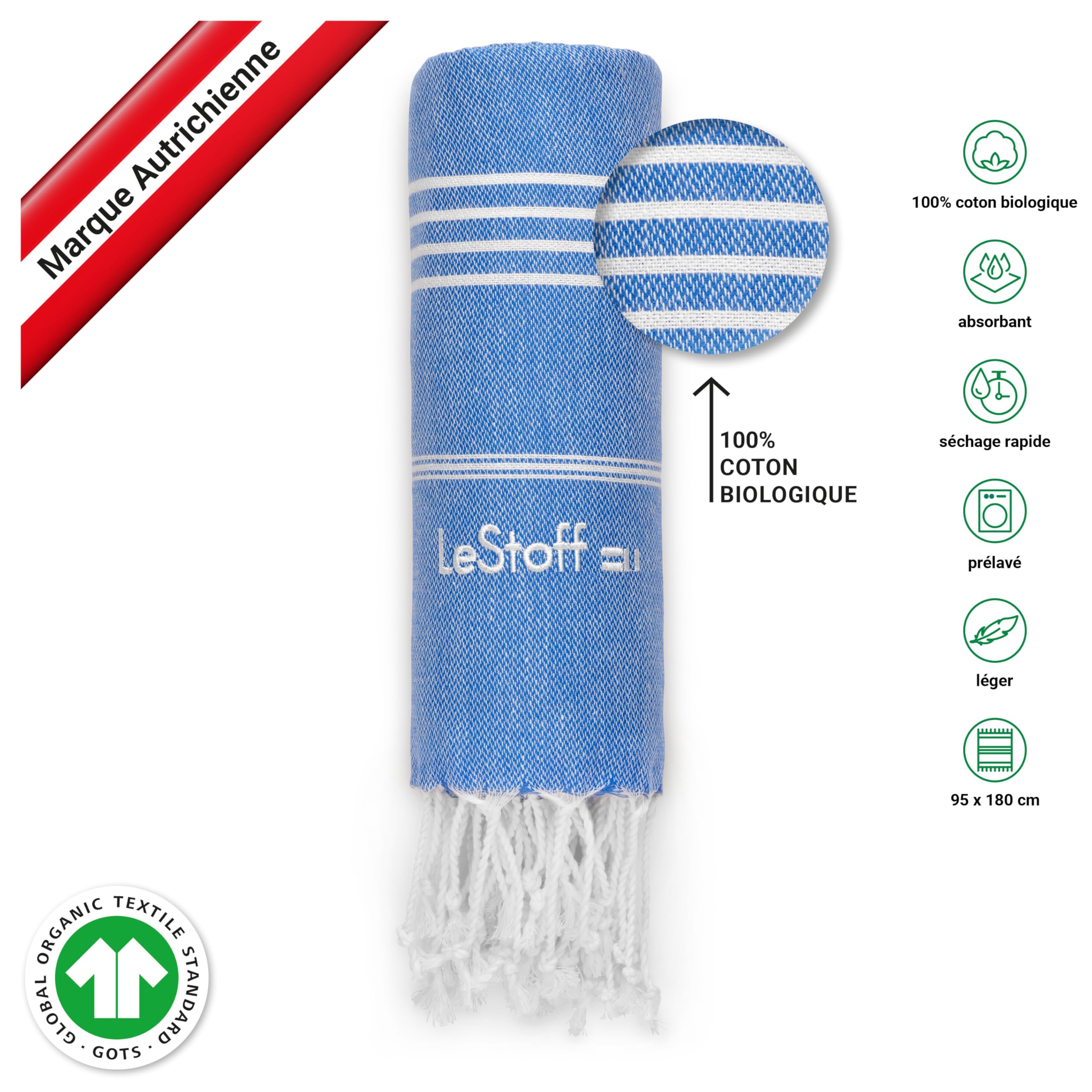 LeStoff 2 foutas hammam, 100% Coton Bio, 95x180 cm, Bleu Ciel/Bleu Clair | Serviettes de plage, sauna, bain, douche, yoga, voyage et spa – prélavées, durables, légères, absorbantes, séchage rapide