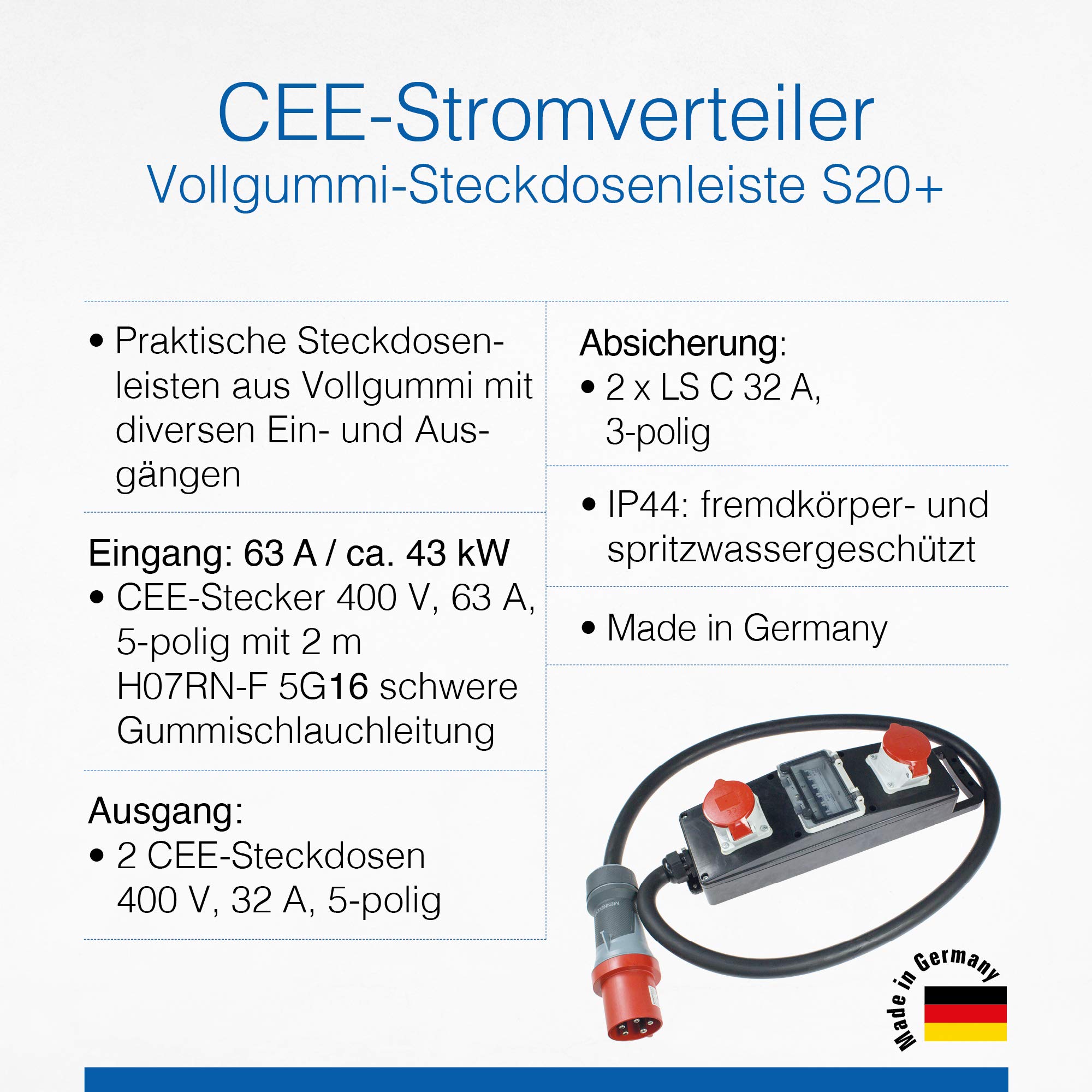 as - Schwabe Vollgummi Steckdosenleiste CEE 2 m H07RN-F 5G16-2 x CEE Steckdosen 400 V 32 A 5-polig - LS Baustromverteiler - Stromstation Baustelleneinsatz - Außenbereich - Made in Germany, 60807