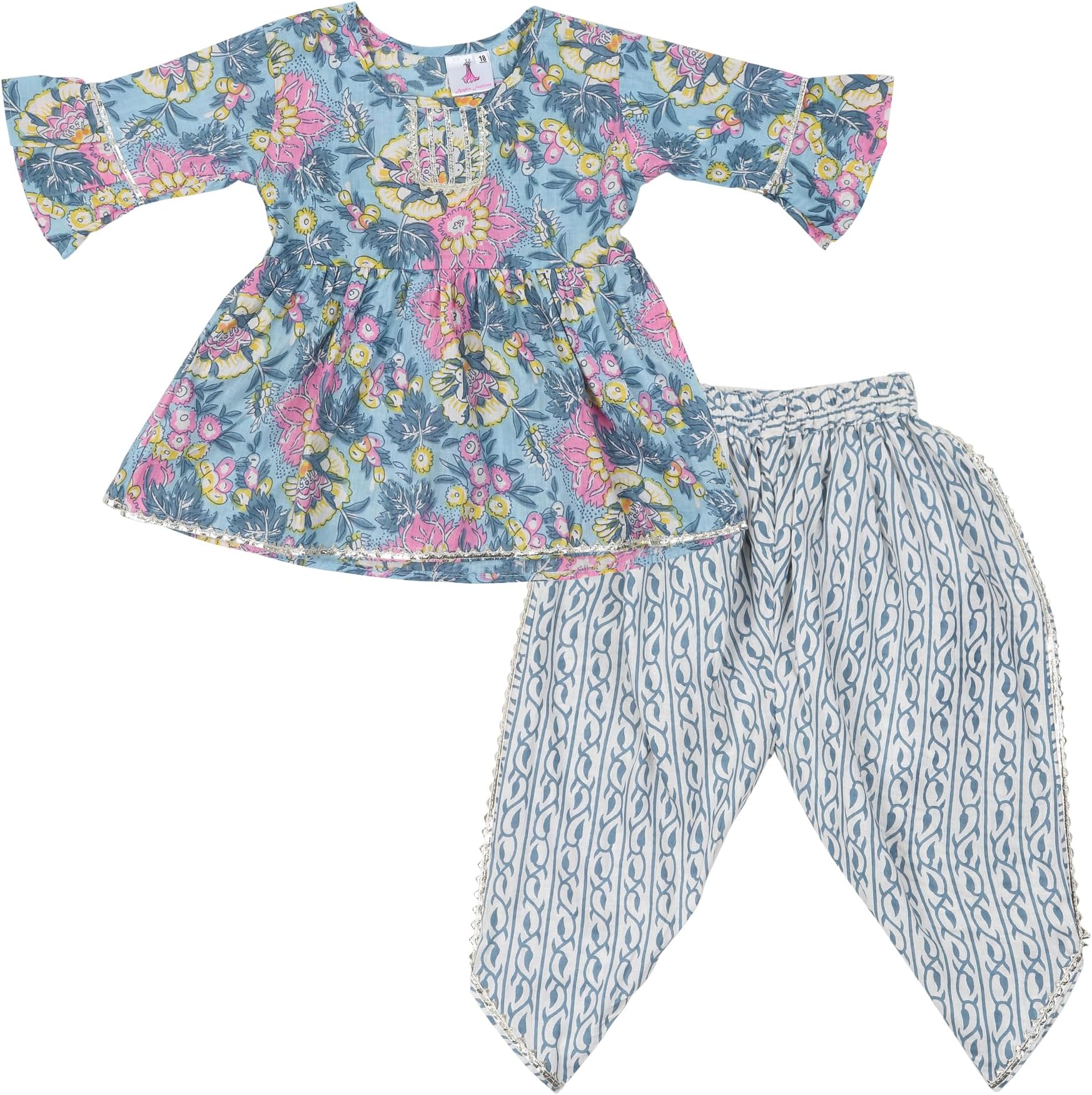 Baby Girls Jaipuri Print Kurti with Frill Sleeves and Dhoti Style Salwar Ethnic Dress