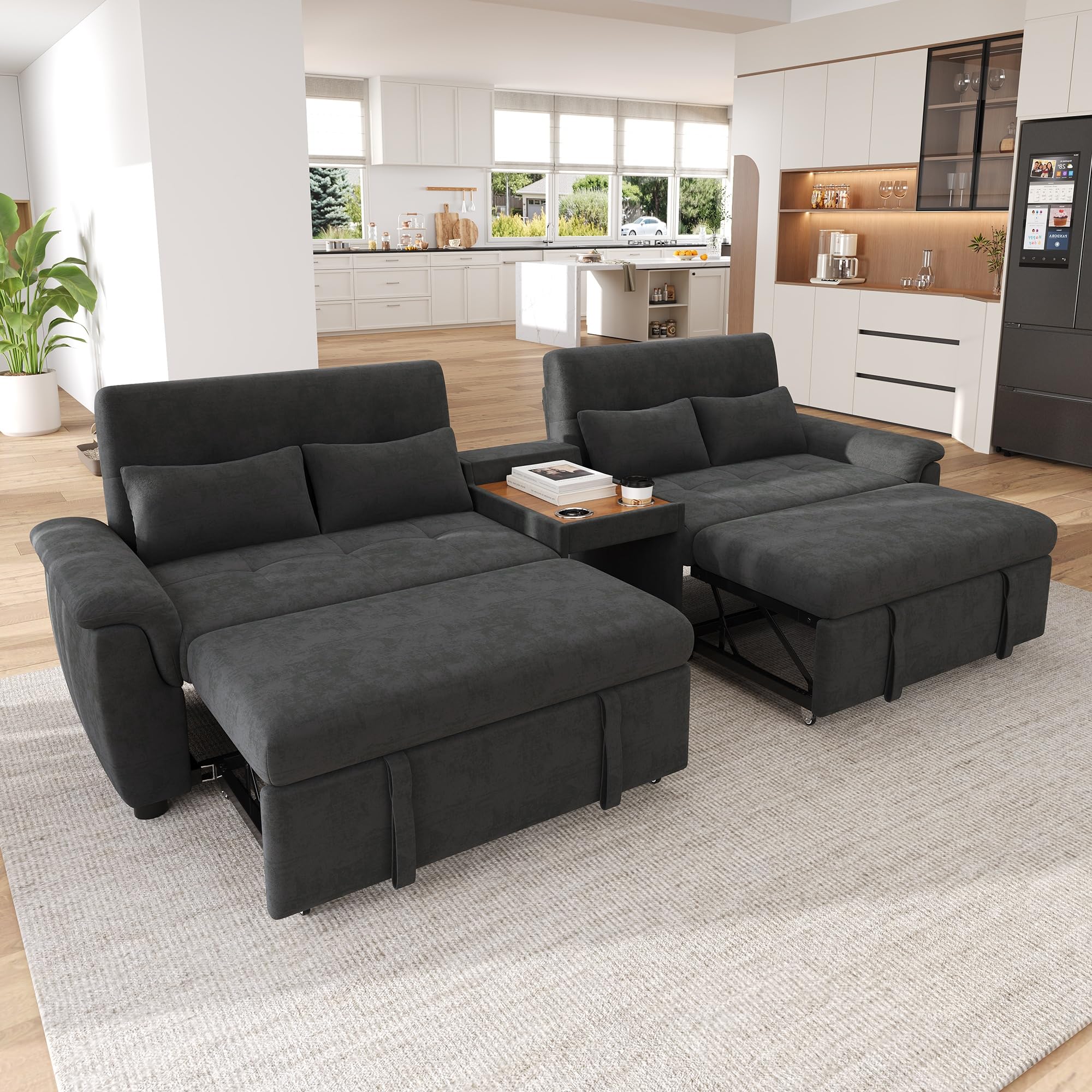 Canapé-lit extensible en forme de U - Double lit - Dossier réglable - Zone pour animaux domestiques - Table basse avec 2 porte-gobelets - 4 oreillers - Chenille - Gris foncé - 284 x 138 x