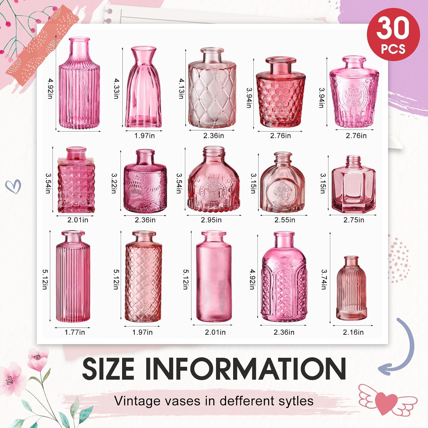 Yaomiao 30 Pcs Vases Bulk Colored Flower Glass Bud Vases Valentine Vintage Colored Glass Bottles Colorful Rustic Embossed for Home Wedding Table Decorations Gifts(Pink Series) - Image 2