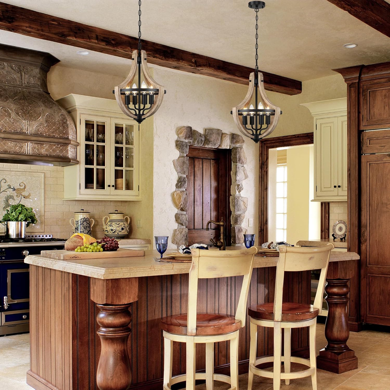 4-Light Farmhouse Dining Room Light Fixture, Adjustable Height Hanging Wood Vintage Pendant Lights for Kitchen Island Hallway Foyer Entryway Breakfast Area Bedroom