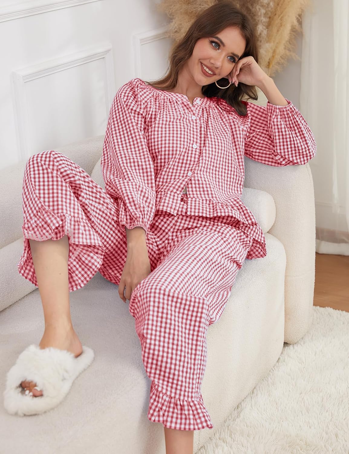 Arssm Womens Gingham Pajama Set 2 Piece Plaid Button Down Long Sleeve Shirt and Pants Pjs Lounge Set Outfits - Image 5
