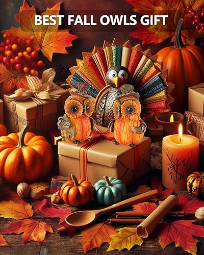 Miniatura 4 de Paquete de 2 figuras de resina de búho de Acción de Gracias de 4.7 pulgadas, decoración de mesa de Acción de Gracias, calabazas Haverst, calamos,