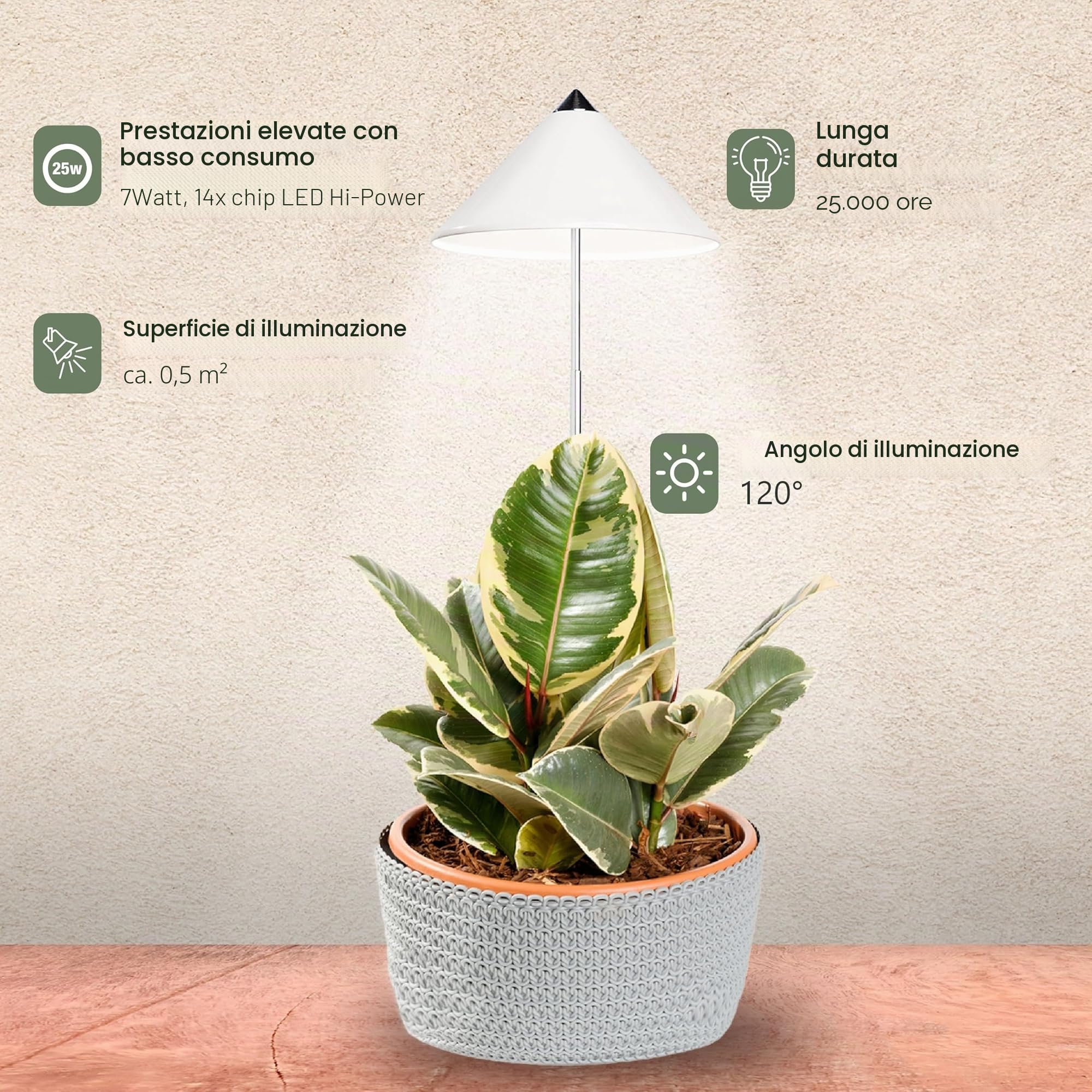Parus by Venso SUNLiTE pianta lampada 7W bianco, lampada di crescita a LED con asta telescopica, luce di crescita per piante da interno e piante verdi
