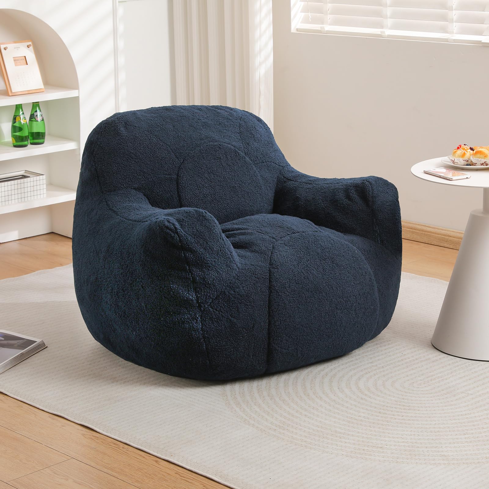 COCONINO WJ Bean Bag Chair, Big Bean Bag Chair with Filler, Stuffed Large Beanbag Chair with Filling for Living Room (Teddy Fabric in Dark Blue, 37.8