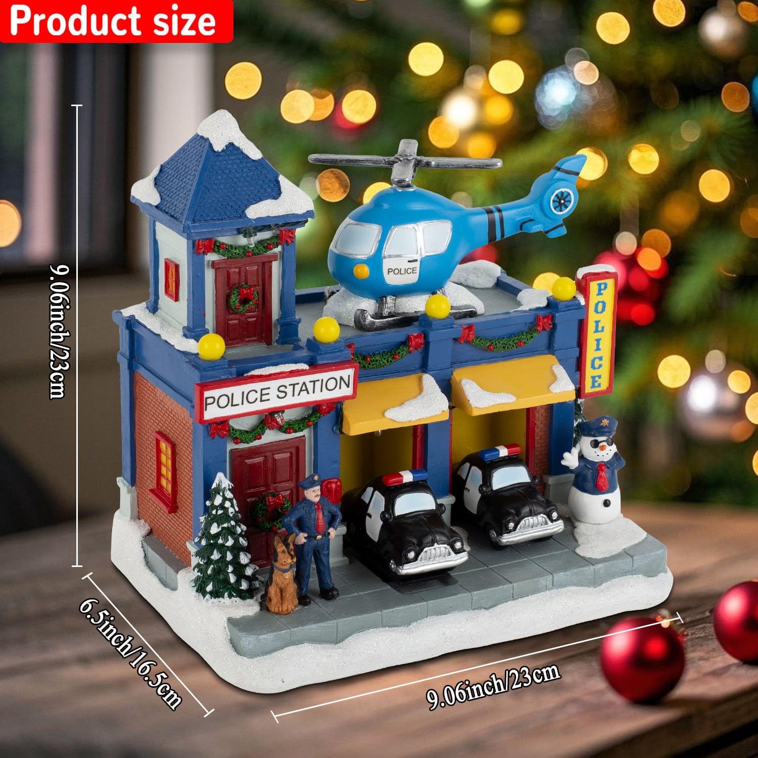 Christmas Animated Train Station Tabletop Décor – Lighted Building with Clock, Music, LED Lights, Moving Train – Christmas Village Indoor Display (Police Station)