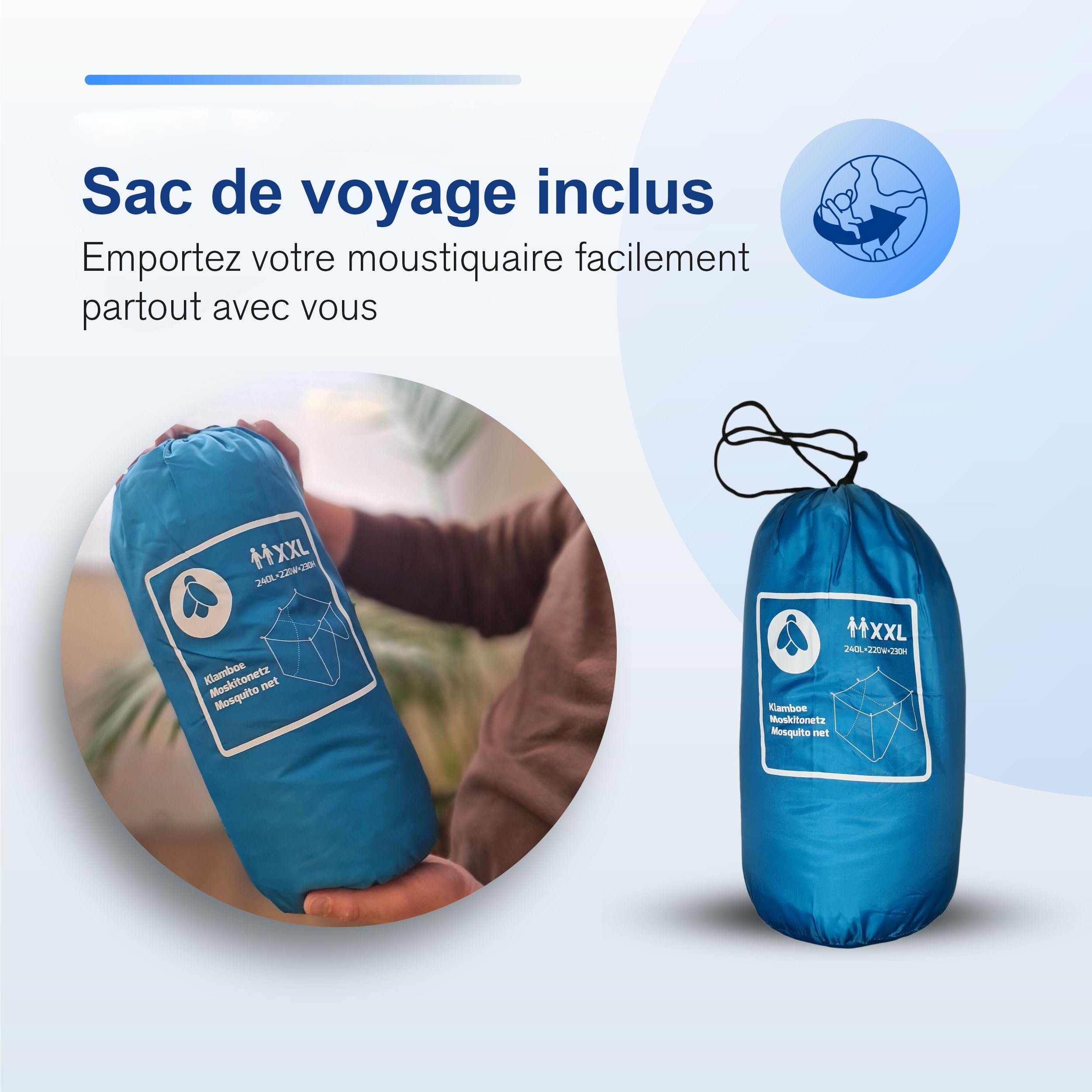 Moustiquaire pour lit double XXL – 240 x 220 x 230 cm, moustiquaire XXL pour lit, trous fins, rideau rectangulaire de voyage, moustiquaire, 2 entrées, installation facile, sac de transport