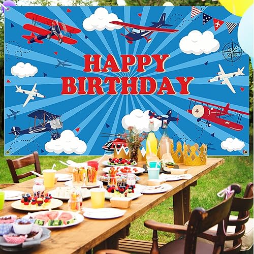 Miniatura 7 de Avezano Telón de fondo de feliz cumpleaños de avión para niños, decoración de fiesta de cumpleaños de avión, pancarta temática de moscas de cielo