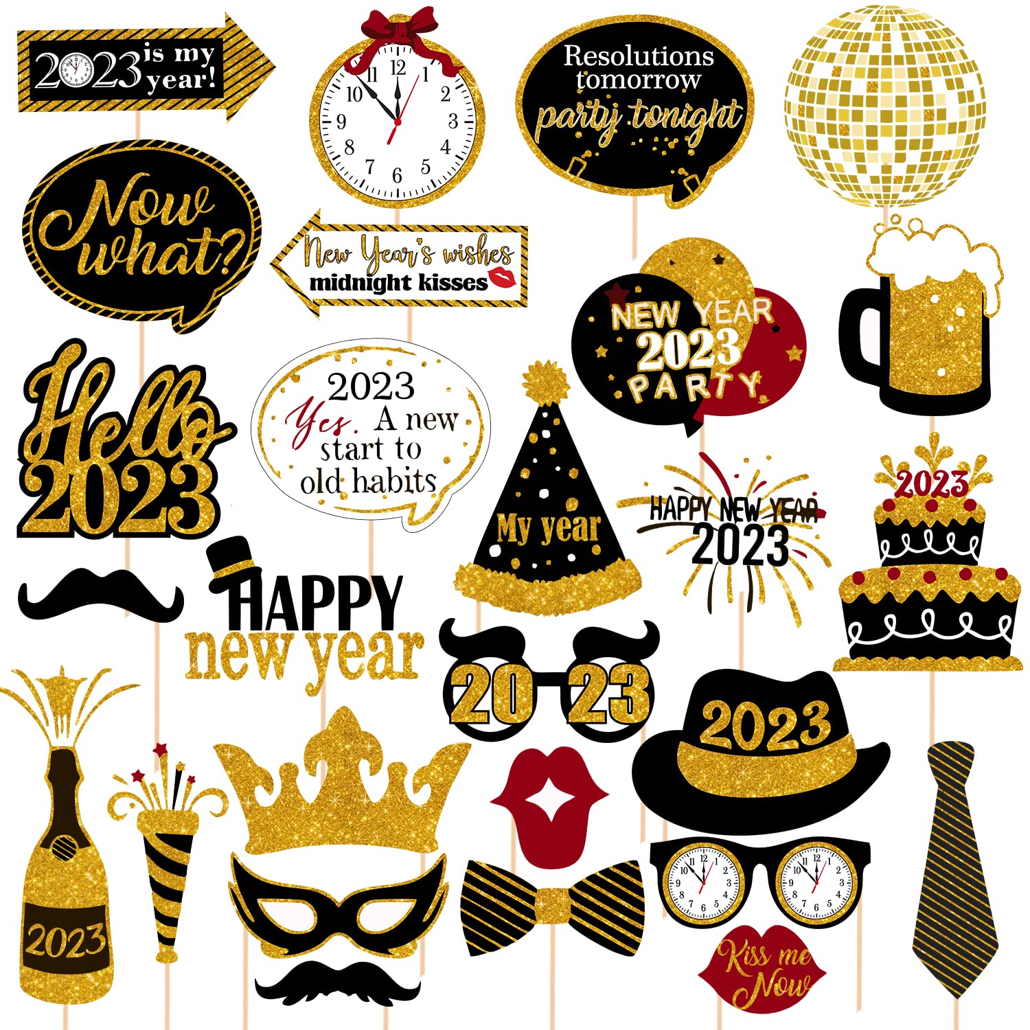 27 pezzi di accessori per cabina fotografica di Capodanno, accessori per cabina fotografica 2023, forniture per feste di Capodanno 2023, decorazioni per felice anno nuovo 2023 da Indian Collectible