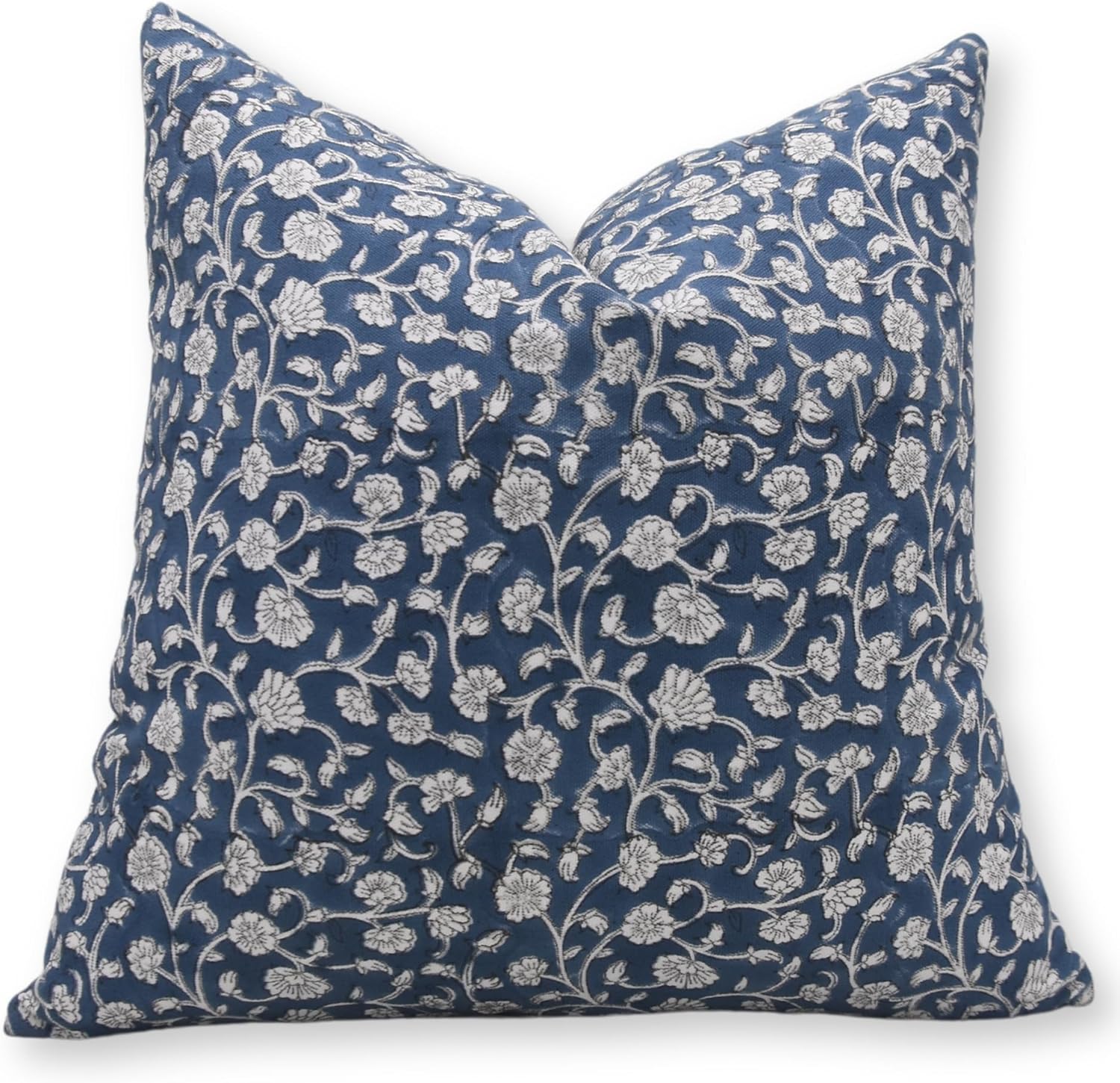 Floral Block Print Duck Canvas 22x22 Inch Throw Pillow Case Cushion Cover for Sofa, Couch and Bed, Fall Decoration, Farmhouse, Outdoor, Living Room, Boho Home Décor, Himachal, Blue