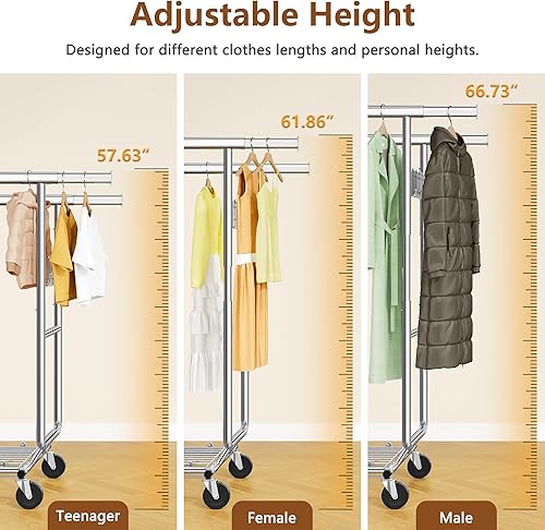 Miniatura 7 de Hoctieon Perchero para ropa de doble varilla, montaje en 2 minutos, estante resistente con ruedas, plegable para uso comercial, barra colgante