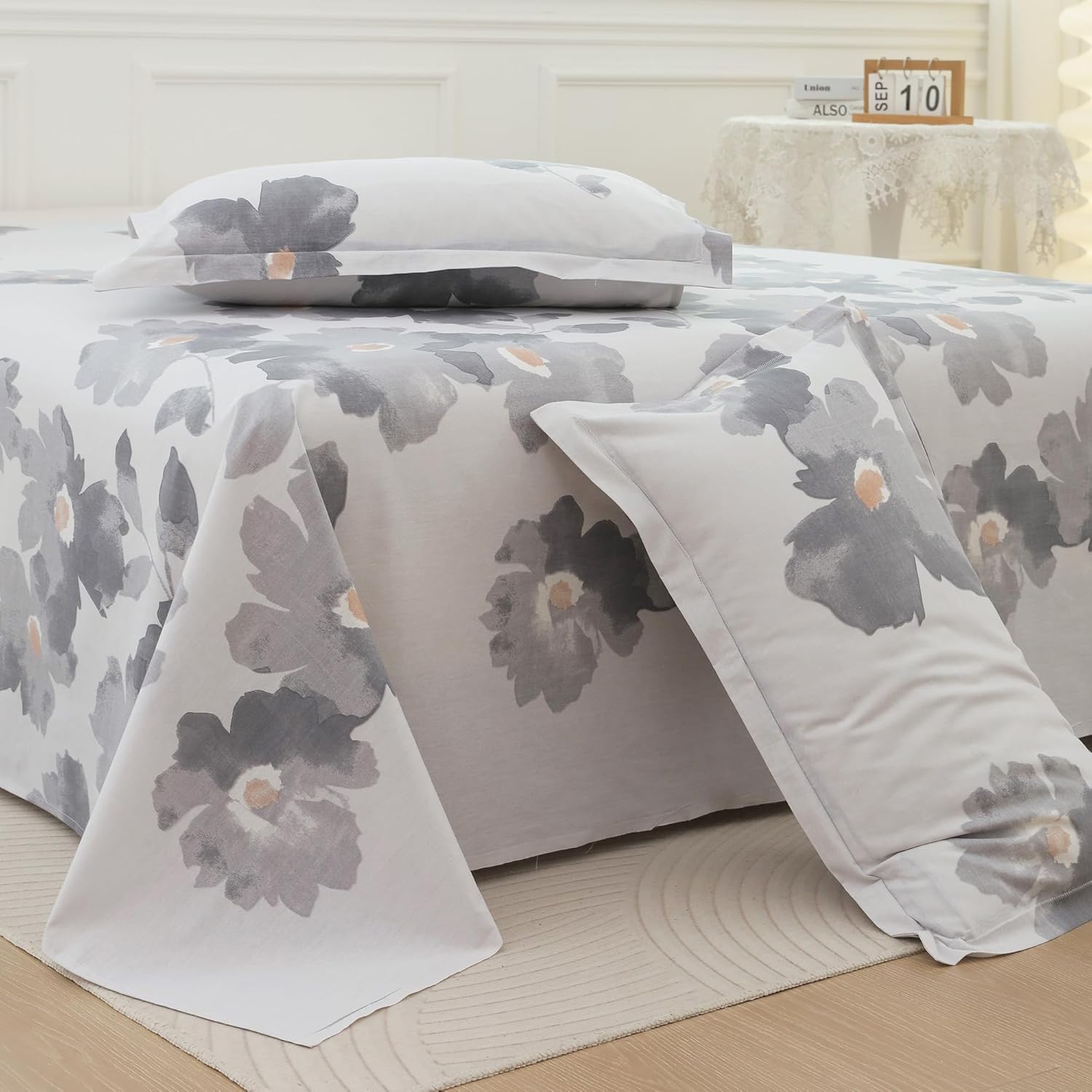Story@Home Bedsheet for Double Bed Cotton 190 TC with 2 Pillow Covers, Grey & White, Floral, 225 cm X 250 cm | Perfect for Home Decor