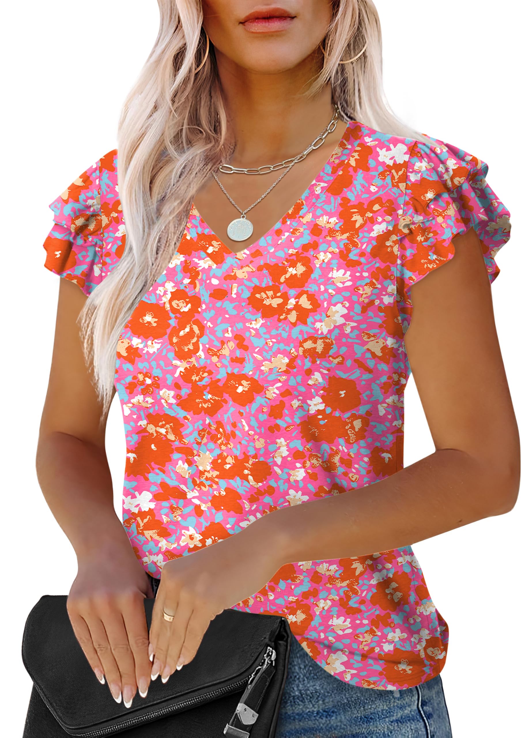 LUYAA Women's Ruffle Short Sleeve Tunic Tops V Neck Knit Ribbed T Shirts Blouses