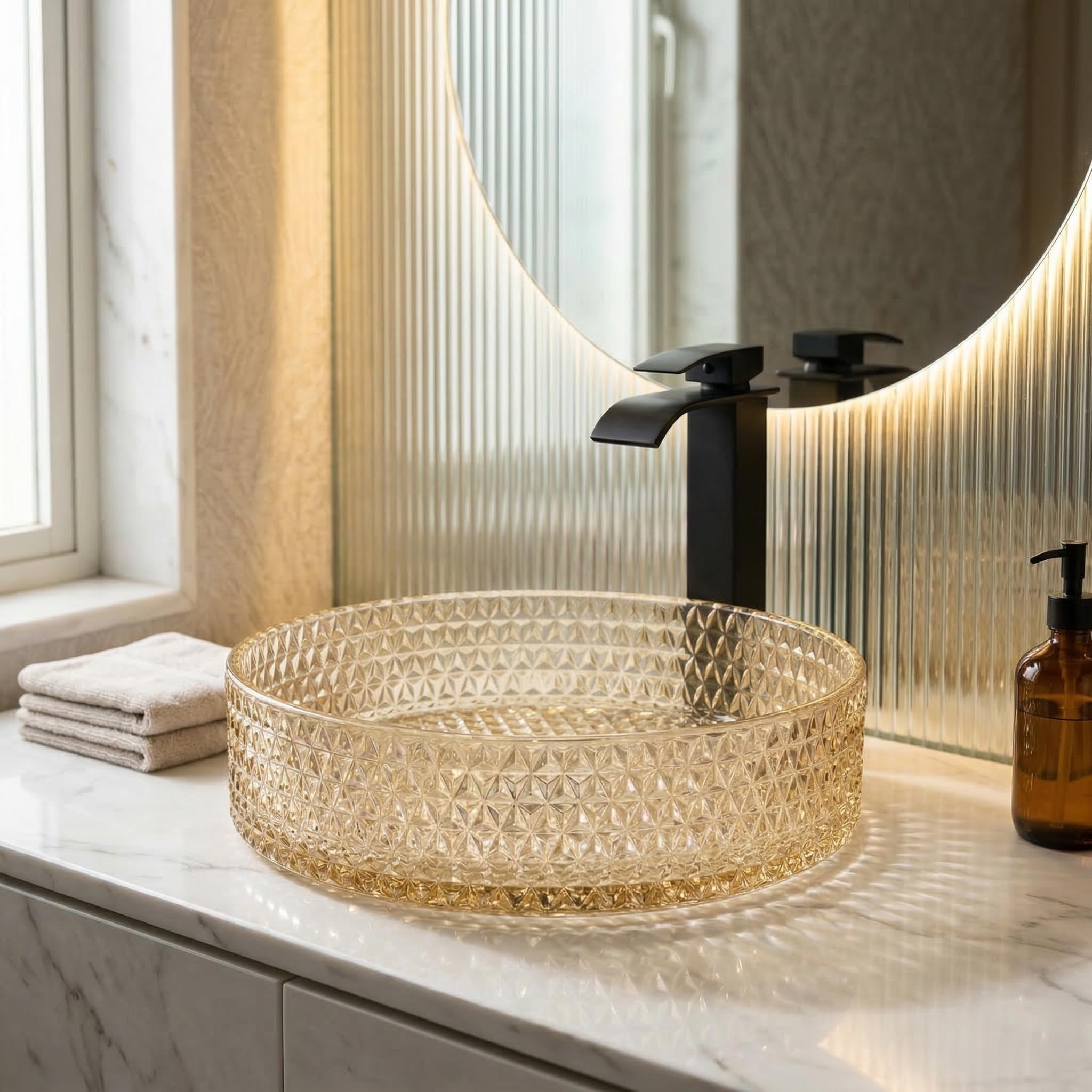 InArt Moduler Vanity Crystal Glass Wash Basin/Glossy Finish/Bathroom Sink/Vessel Sink Black/Table Top Wash Basin/Wash Basin For Bathroom Bowl For Bathroom/Washroom 395x395x120 mm Gold Color