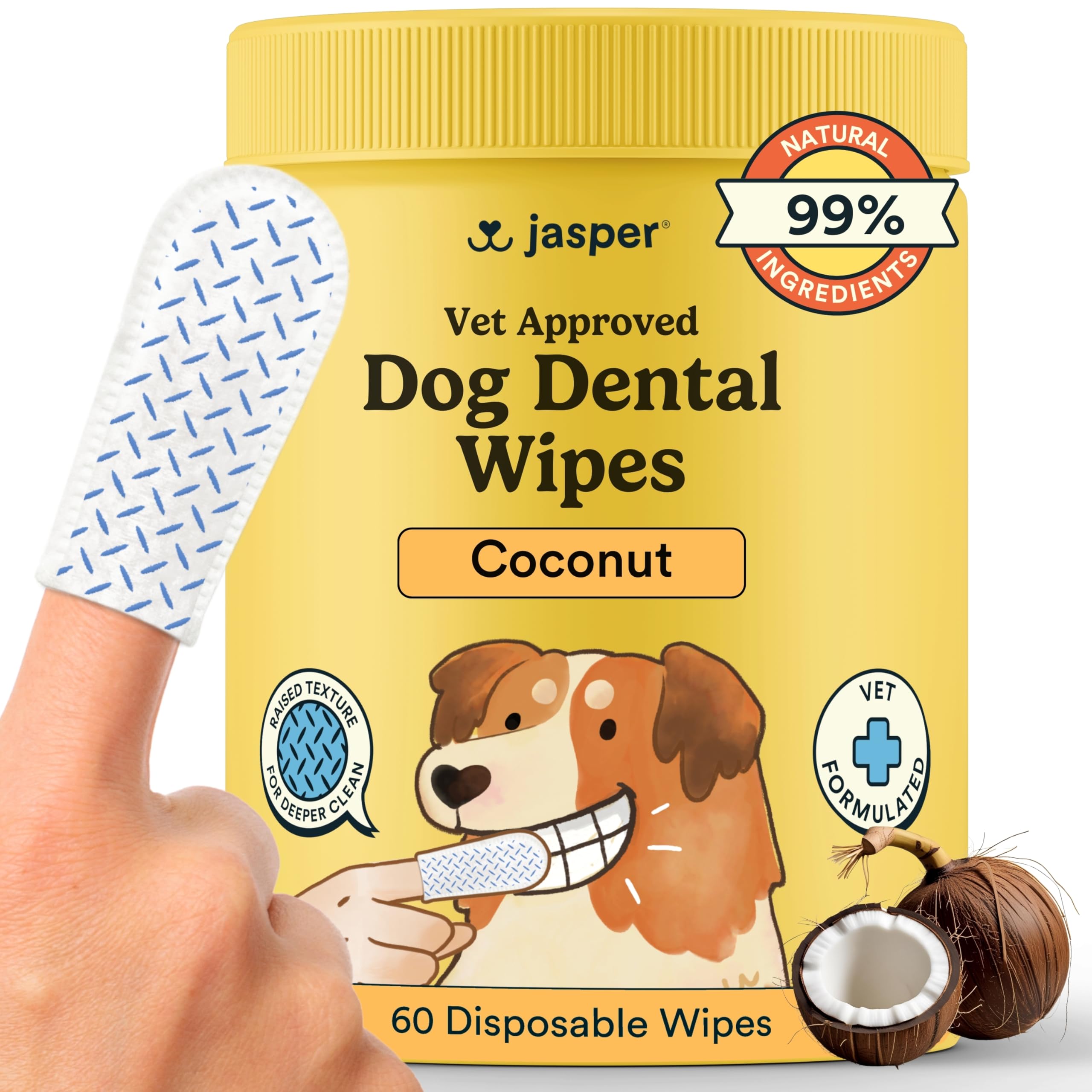 Jasper Dog Dental Wipes, Vet-Recommended All-Natural Finger Toothbrush Wipes for Dogs, Fresh Breath & Tartar Control in Seconds – No Brush and Toothpaste Needed, Coconut, 60 Count