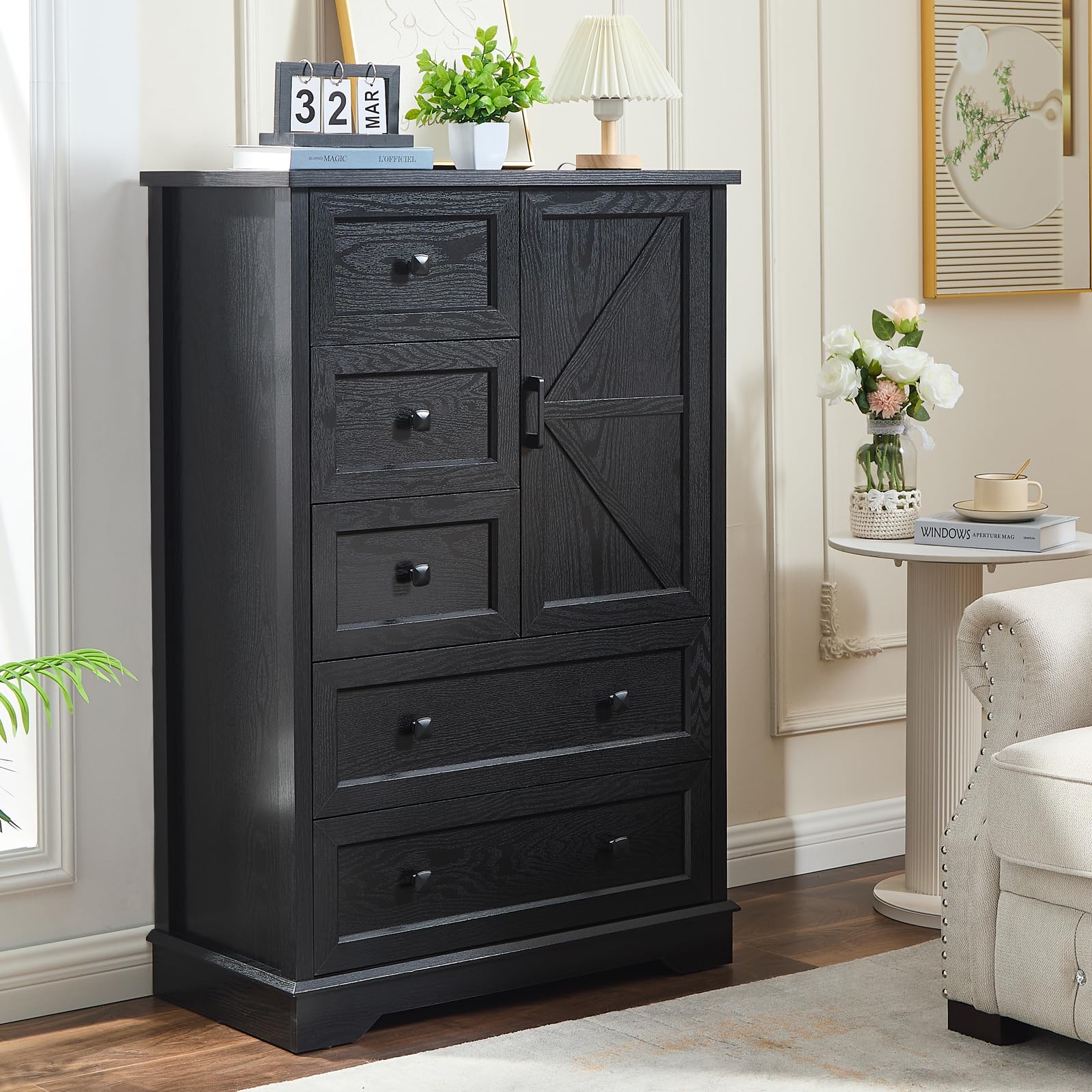 SOOWERY Dresser for Bedroom, Farmhouse Dresser with 5 Wooden Drawers and Storage Cabinet, 48 Inches Tall Chest of Drawers for Bedroom, Living Room,