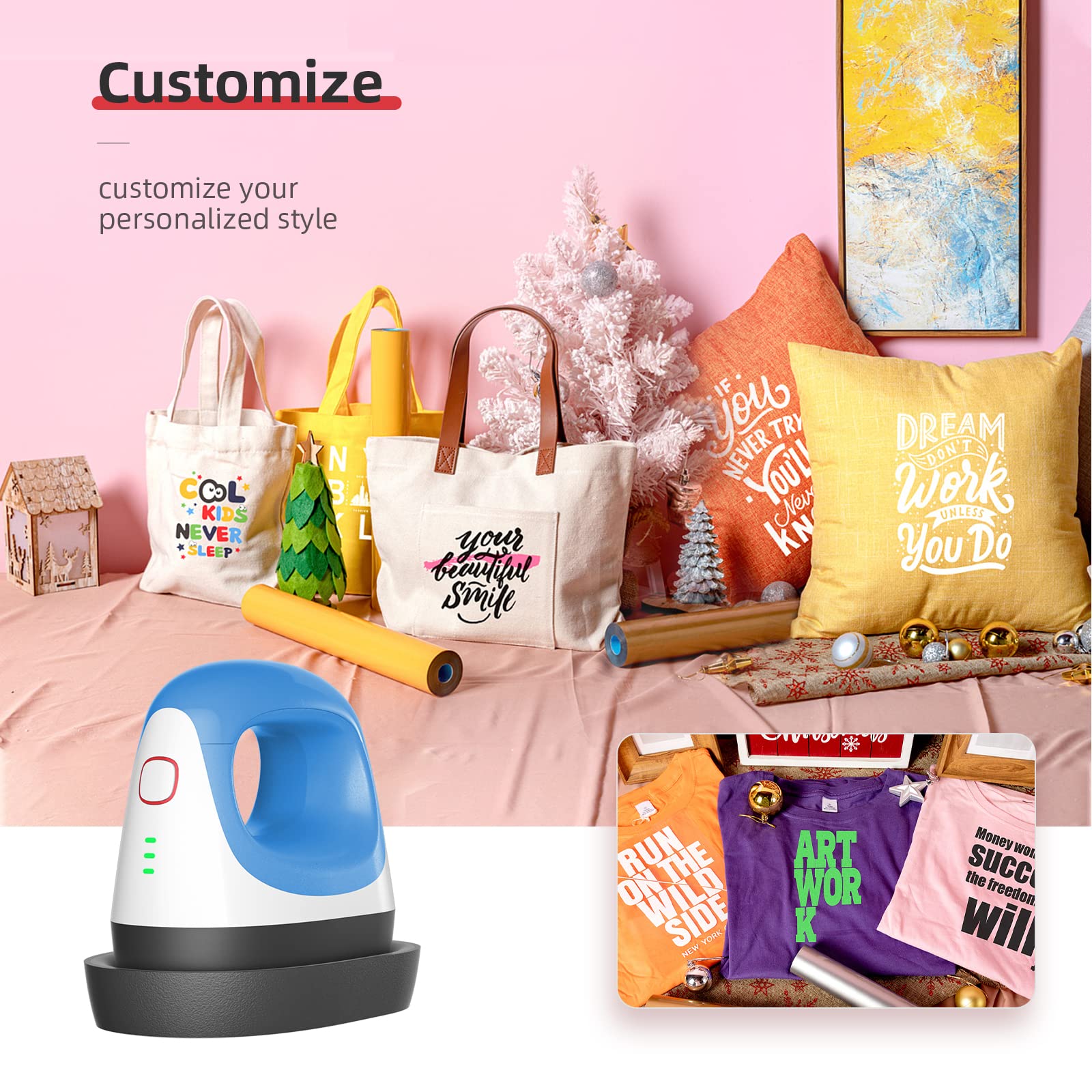 Mini pressa di trasferimento 2.0 generazione blu-bianco, pressa a caldo precisa con spegnimento automatico e cavo da 1,7 m per magliette, scarpe e progetti HTV fai da te, incluso tappetino in silicone