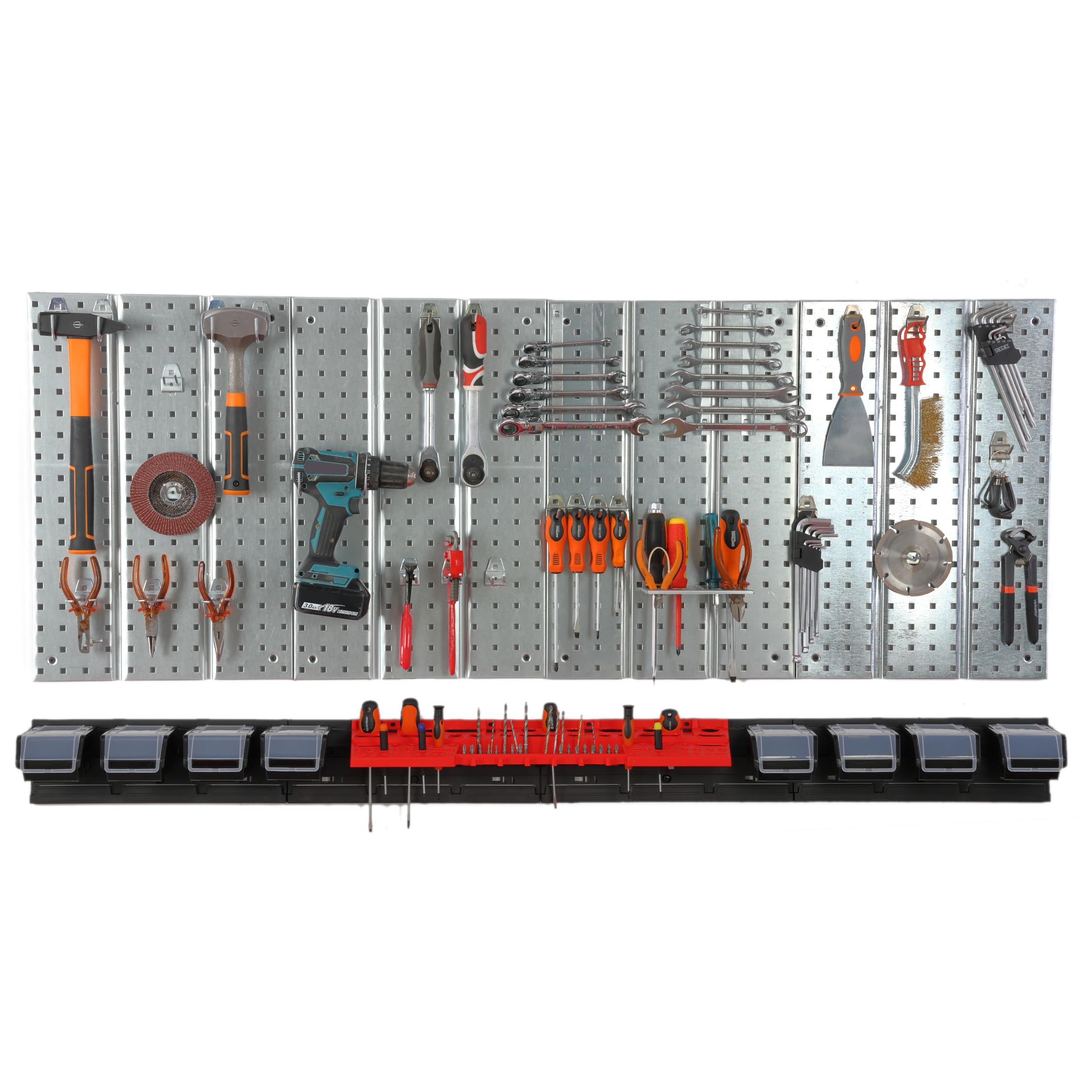 Metalowa ścianka narzędziowa 156 x 72 cm, system przechowywania z uchwytami na narzędzia, hakami narzędziowymi i 8 pudełkami do układania w stos 100 x 150 x 70 mm, kolor: czarny, deska perforowana do