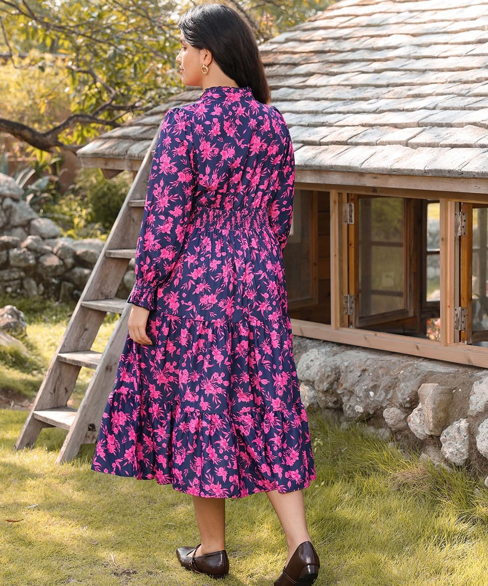 RITERA Plus Size Dresses Women Casual Fall Maxi Boho A Line Long Sleeve Ruffle V Ruffle V Neck Dress with Pocket XL-5XL - Image 4