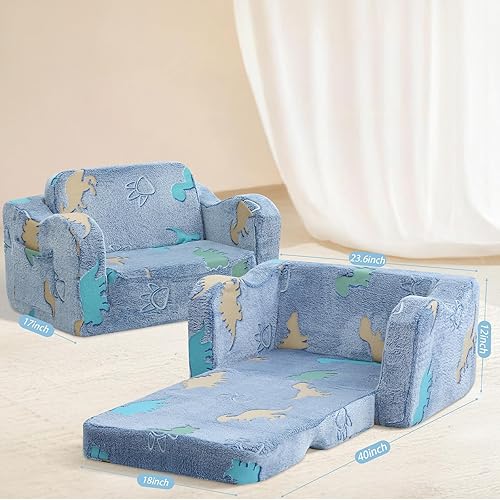 Miniatura 92 de MeMoreCool Sofá de dinosaurio para niños, silla plegable para niños pequeños, sofá cama convertible que brilla en la oscuridad, salón plegable para