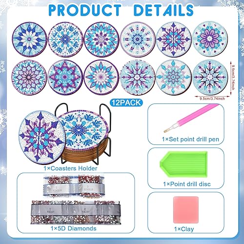 Miniatura 2 de 12 posavasos de invierno con diseño de diamantes de nieve, con soporte, kit de pintura de diamante de Navidad, posavasos de diamante azul,