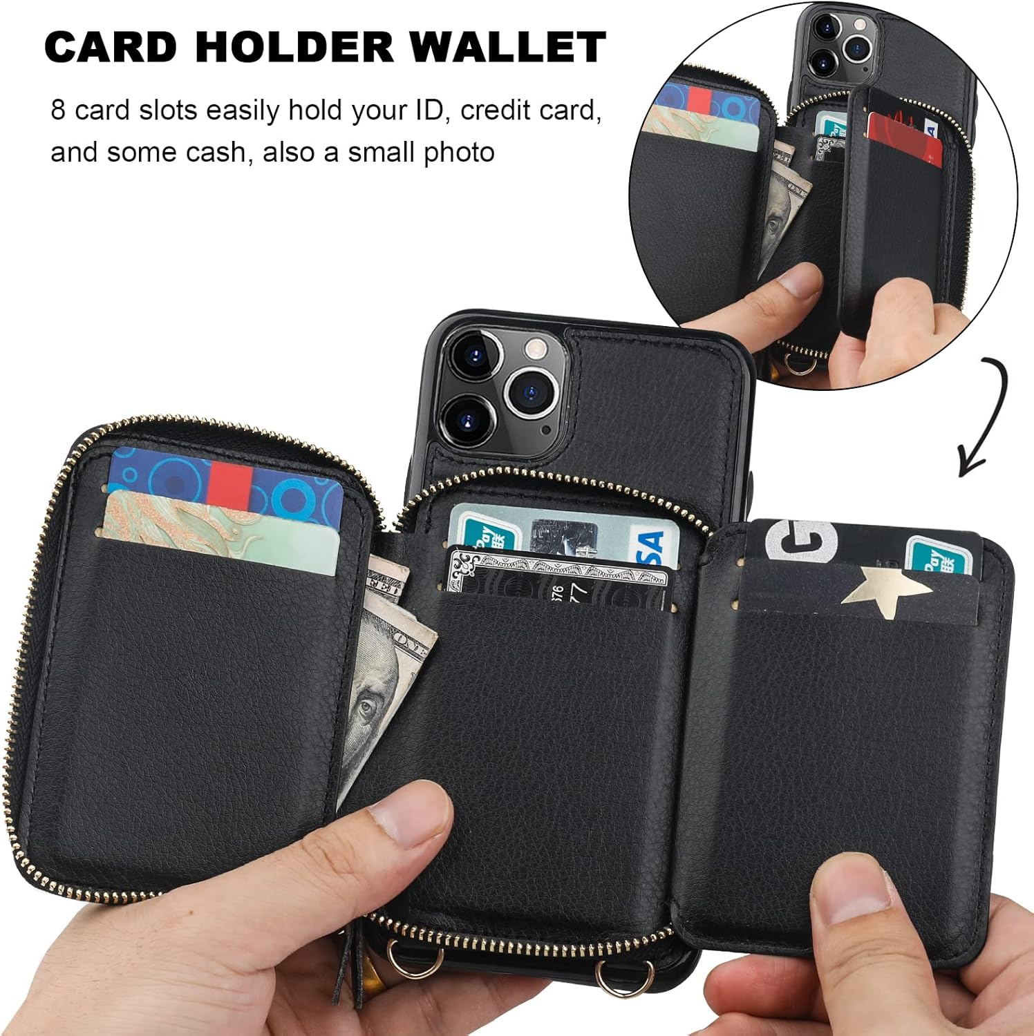 Bocasal RFID Blocking Wallet Case for iPhone 11 Pro Max, Adjustable Crossbody Zipper Purse with Kickstand and Detachable Wrist Strap, PU Leather Flip Folio Case, 6.5 Inch (Black) - Image 7