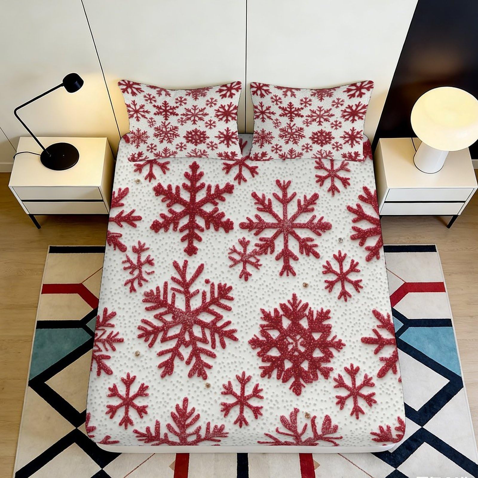 3D Printed Red Snowflake Fitted Sheet Microfiber Soft Breathable White Snowflake Bed Cover for Bedroom Dormitory Guest Room Mattress Protection 160x200x25cm
