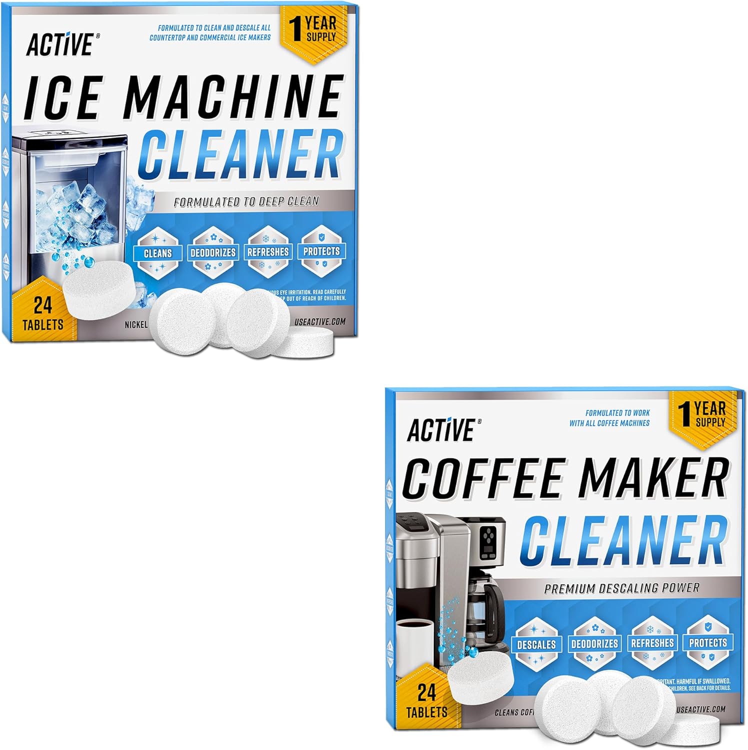 ACTIVE Ice Machine Cleaner and Coffee Maker Cleaner - Includes 24pk Ice Maker Cleaning Tablets and 24pk Coffee Machine Descaler Tablets