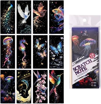 12PCS Animal World Scratch Art for Adults Kids, Rainbow Bookmarks Scratch Card Reveal Paper with Bamboo Stick, Arts and Crafts for Creative Entertainment, Scratch Art Party Bag Fillers