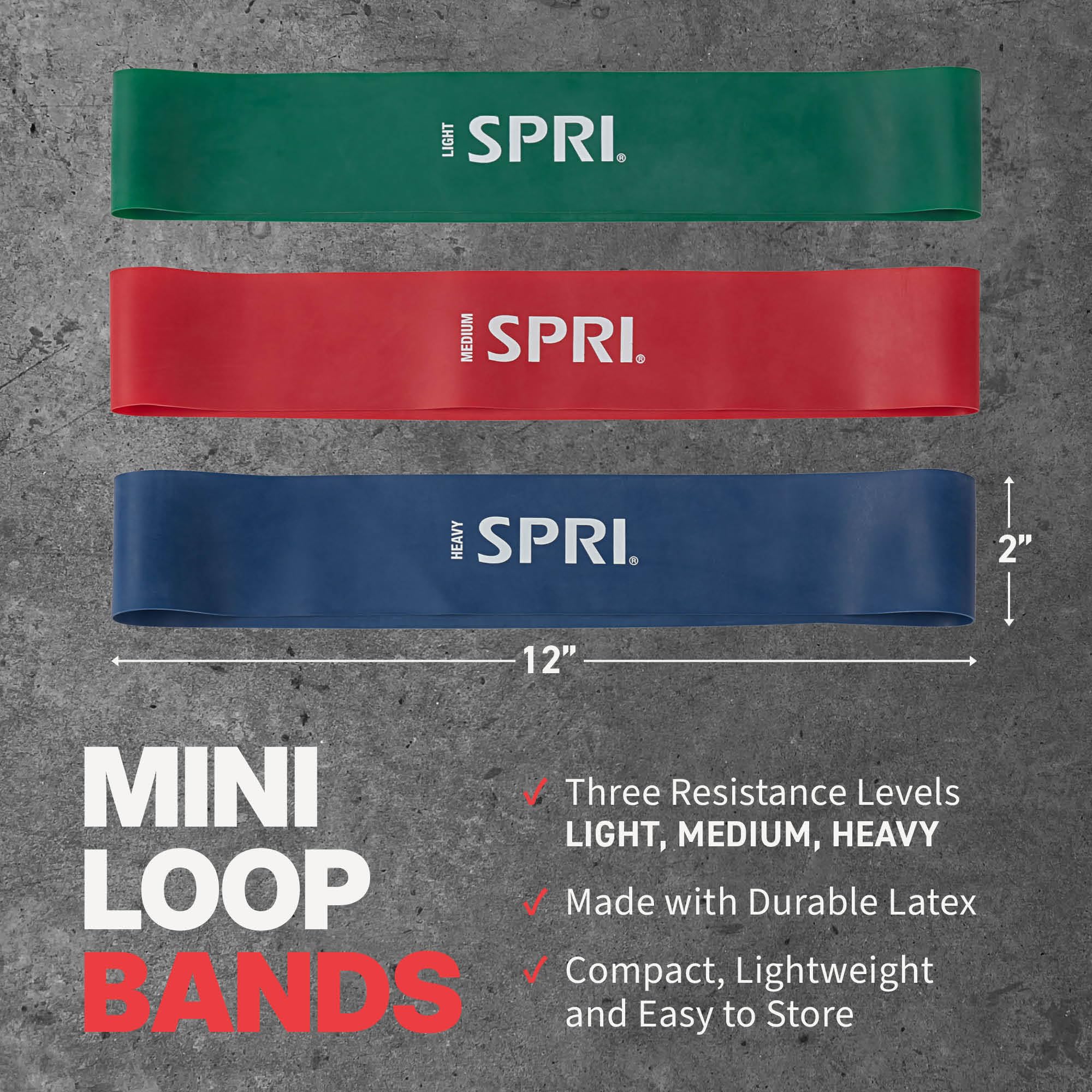 SPRI Zestaw 3 taśm Mini Loop – lekkie, średnie, ciężkie taśmy oporowe do treningu dolnej części ciała, tonizowania mięśni i ćwiczeń