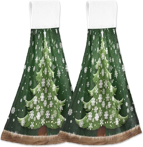 KOPIRIT Juego de 2 toallas de mano verdes con copos de nieve para árbol de Navidad, suaves, absorbentes, decorativas, para baño, toalla colgante de